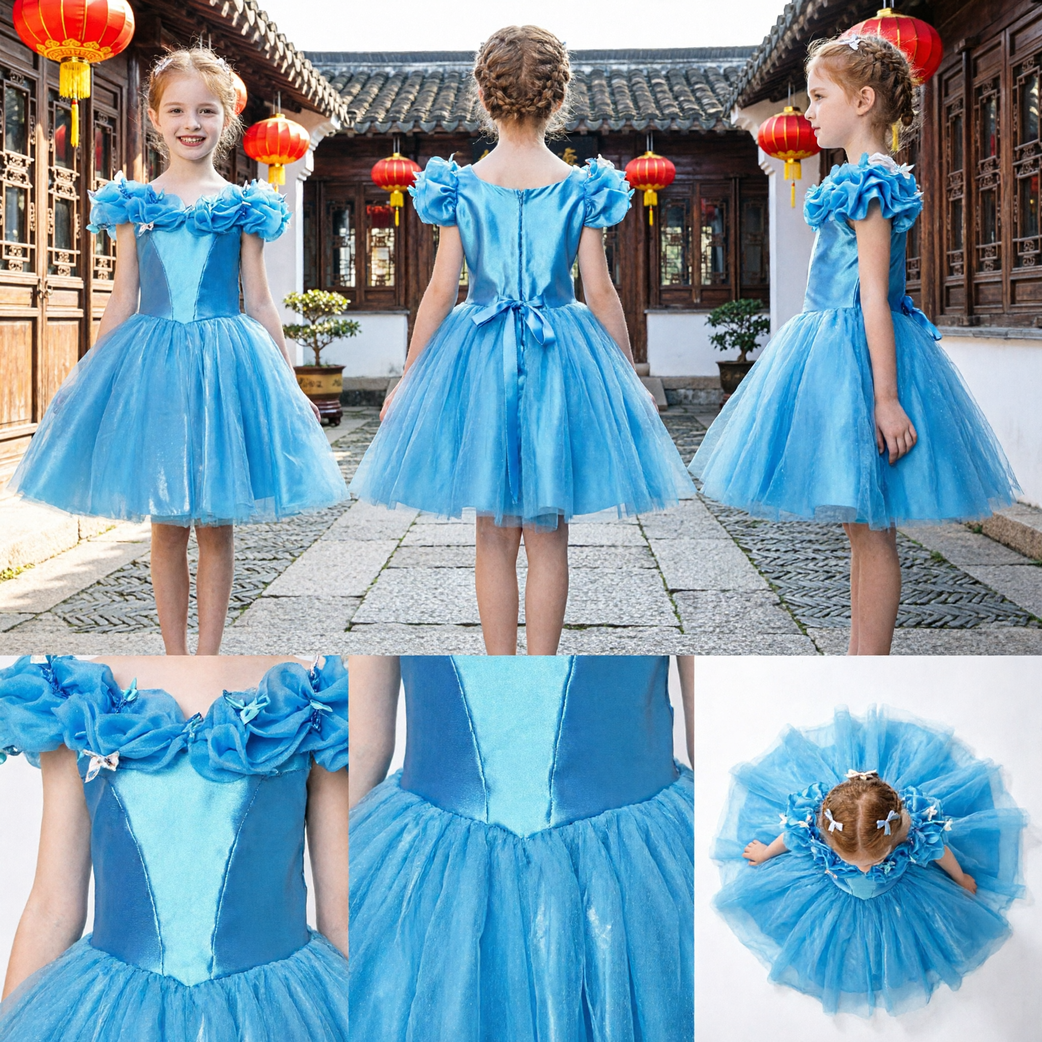Kids Girls Blue Cinderella Princess Dress with Tulle Skirt for Halloween Party Performance Costume