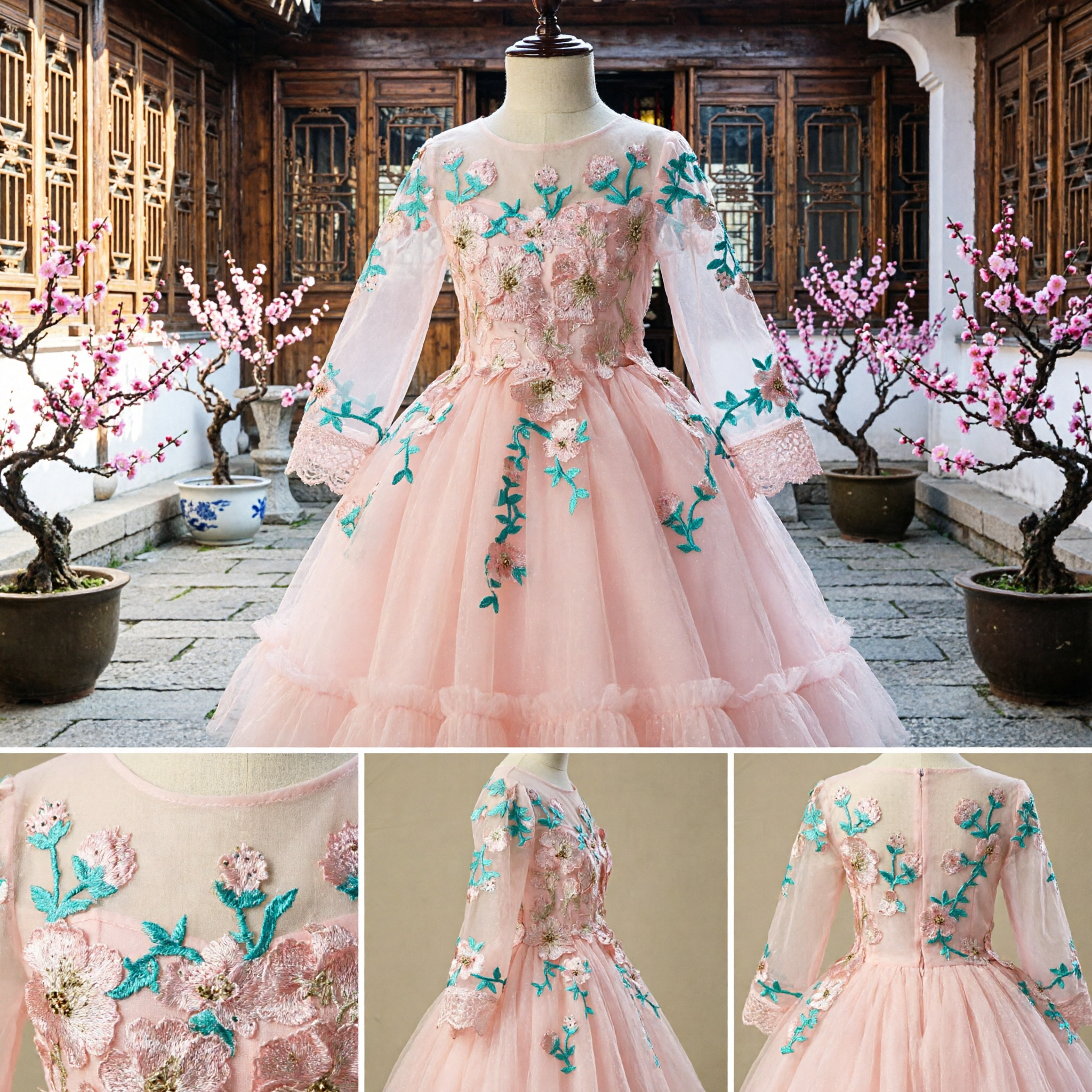 Girls Pink Floral Embroidered Long Sleeve Tulle Ball Gown Dress for Wedding Flower Girl Pageant