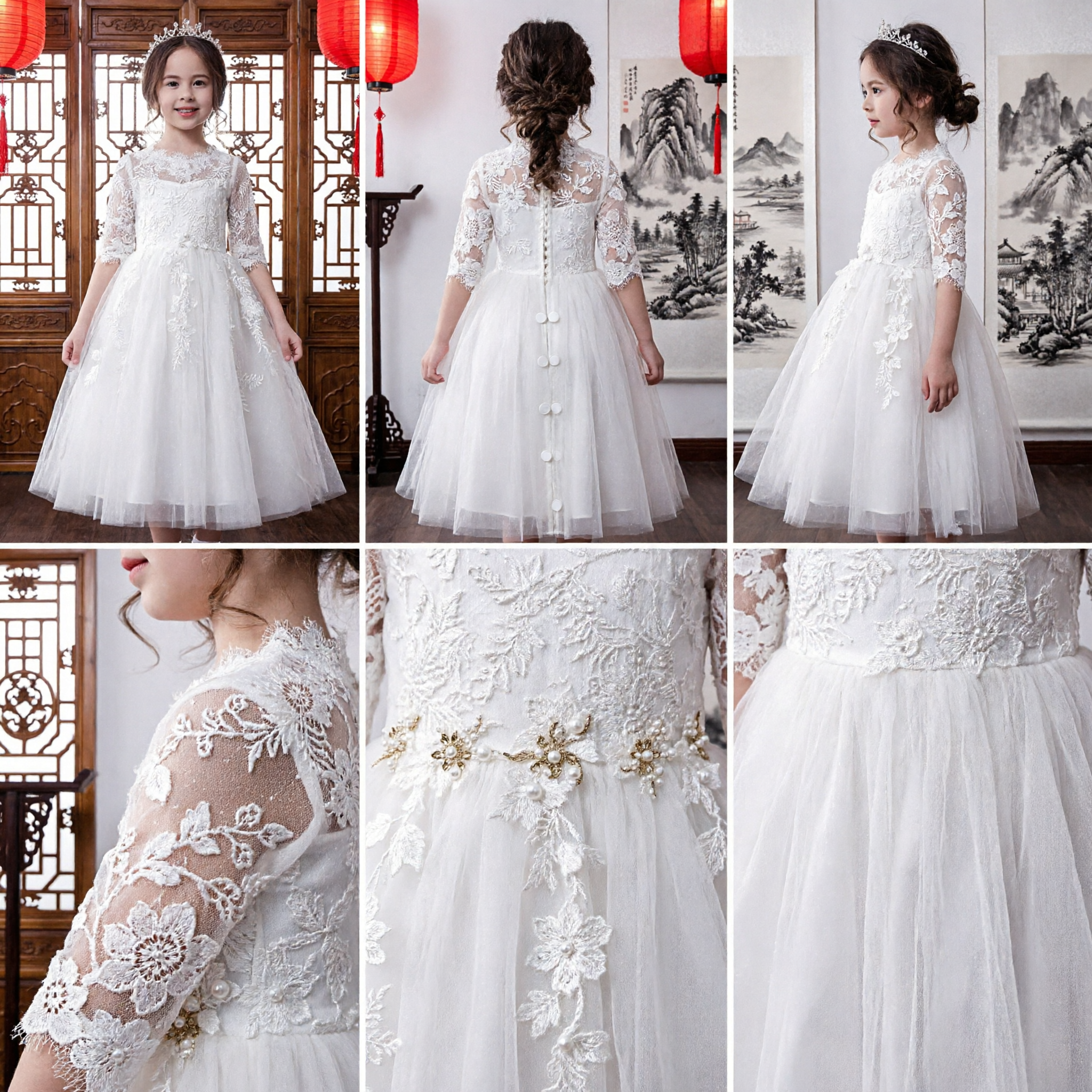 Elegant White Lace Long Sleeve Flower Girl Dress Floor Length Tulle First Communion Gown