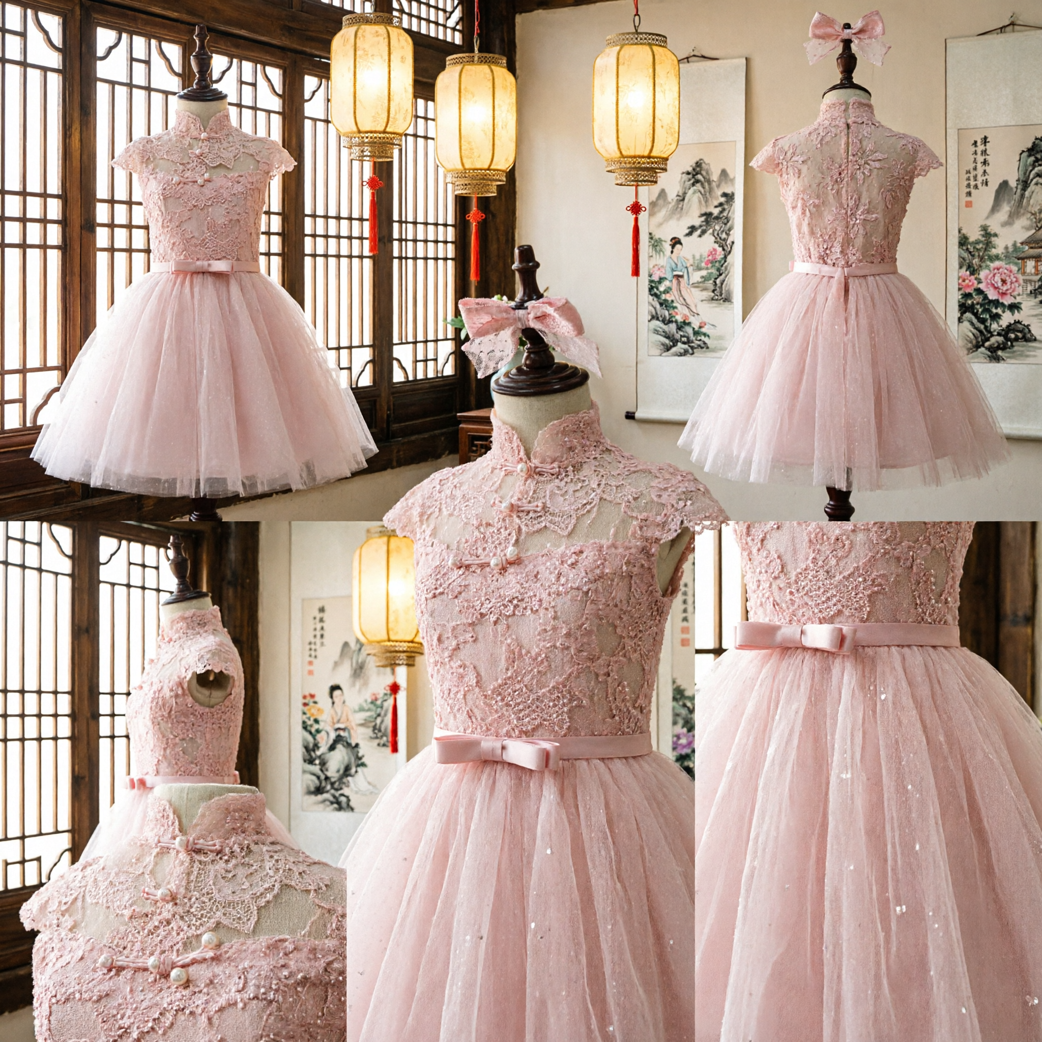 Pink Lace Cheongsam Dress for Girls Traditional Chinese Qipao Wedding Flower Girl Party Gown with Tulle Skirt