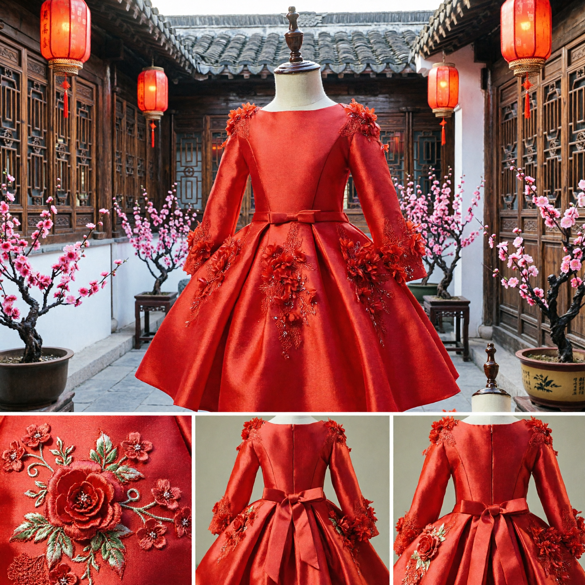 Kids Red Princess Dress Long Sleeve Floral Applique Flower Girl Wedding Party Gown for Girls