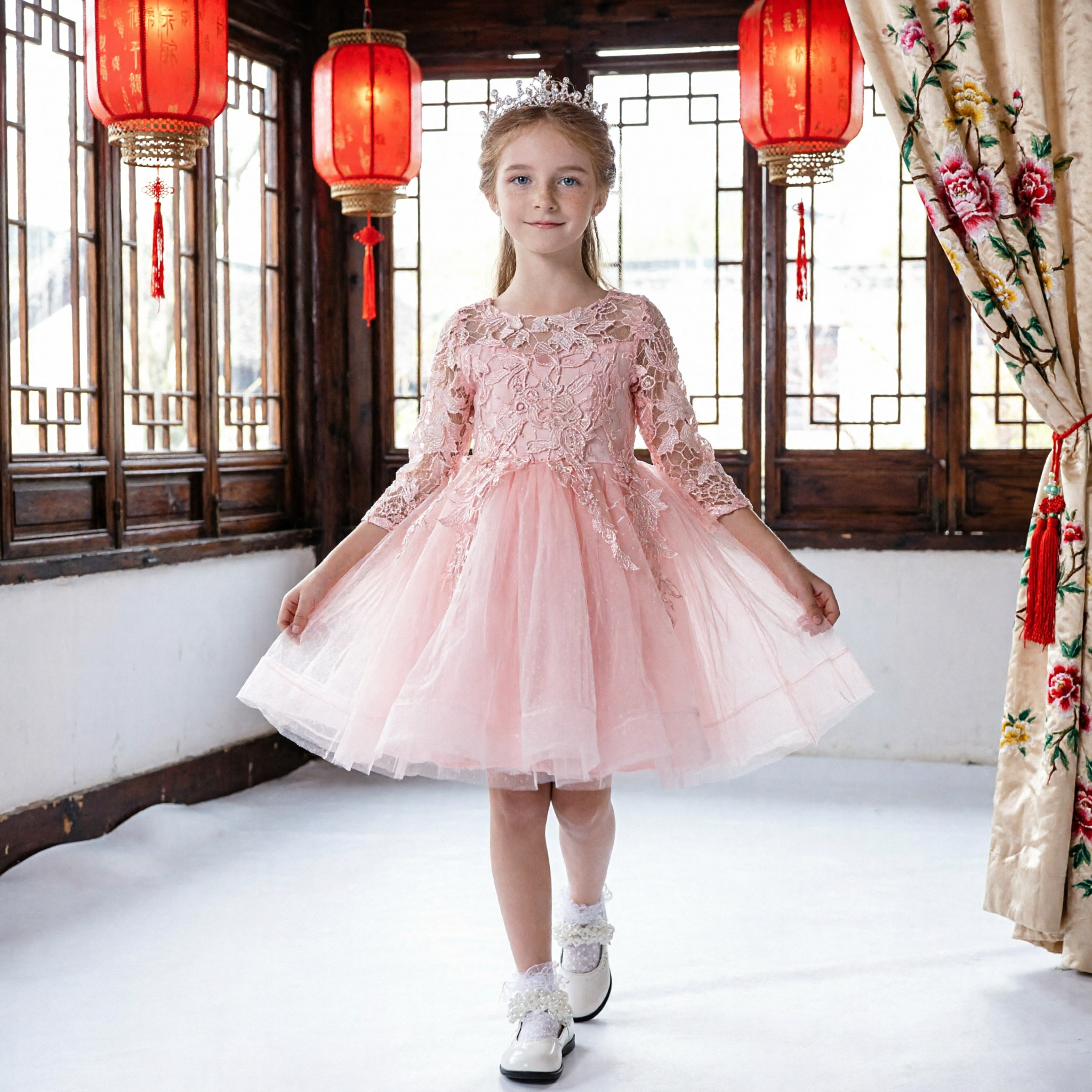 Elegant Pink Lace Appliqué Tulle Princess Dress for Girls Flower Girl Wedding Party Formal Gown