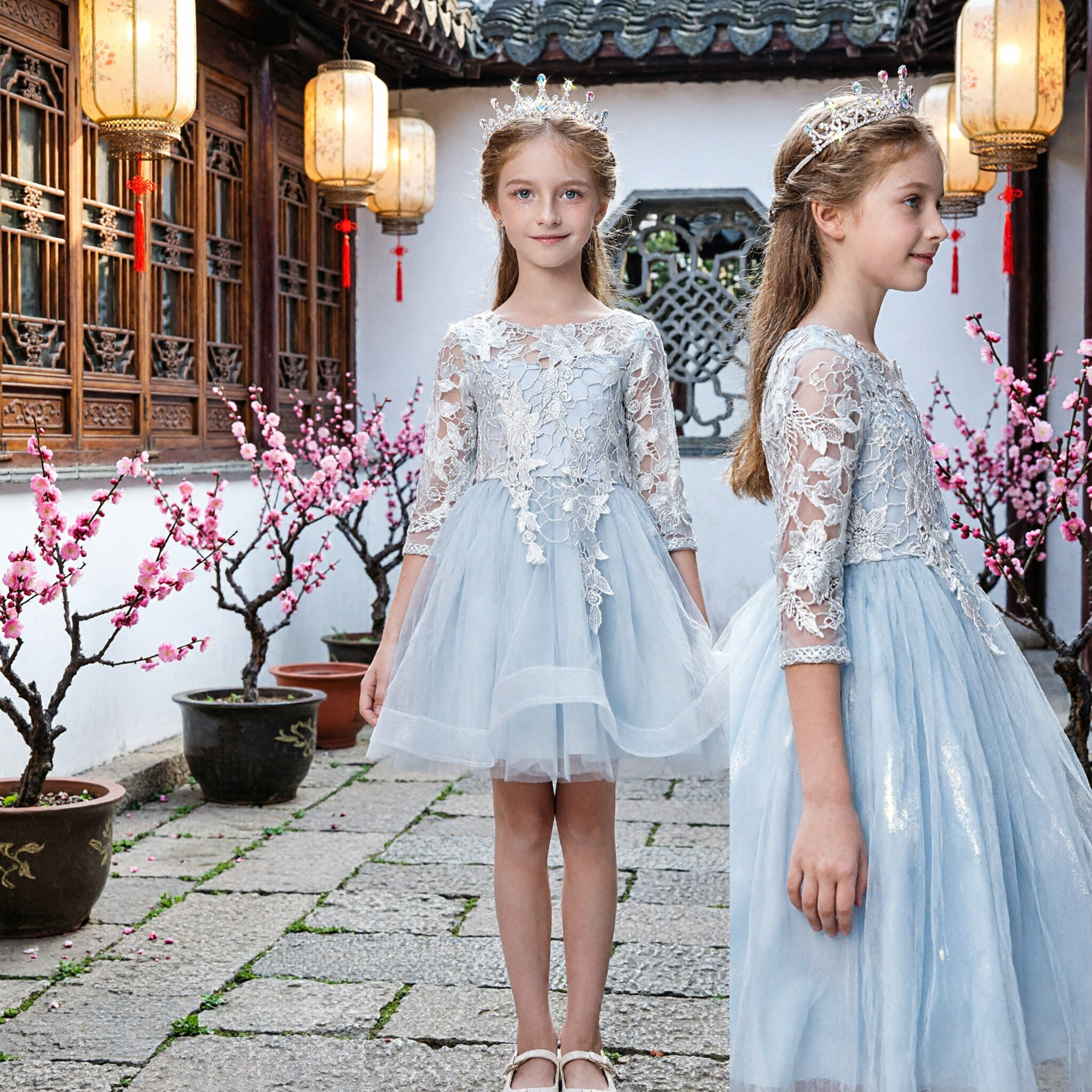 Girls Light Blue Lace Long Sleeve Tulle Dress Formal Wedding Flower Girl Party Princess Gown