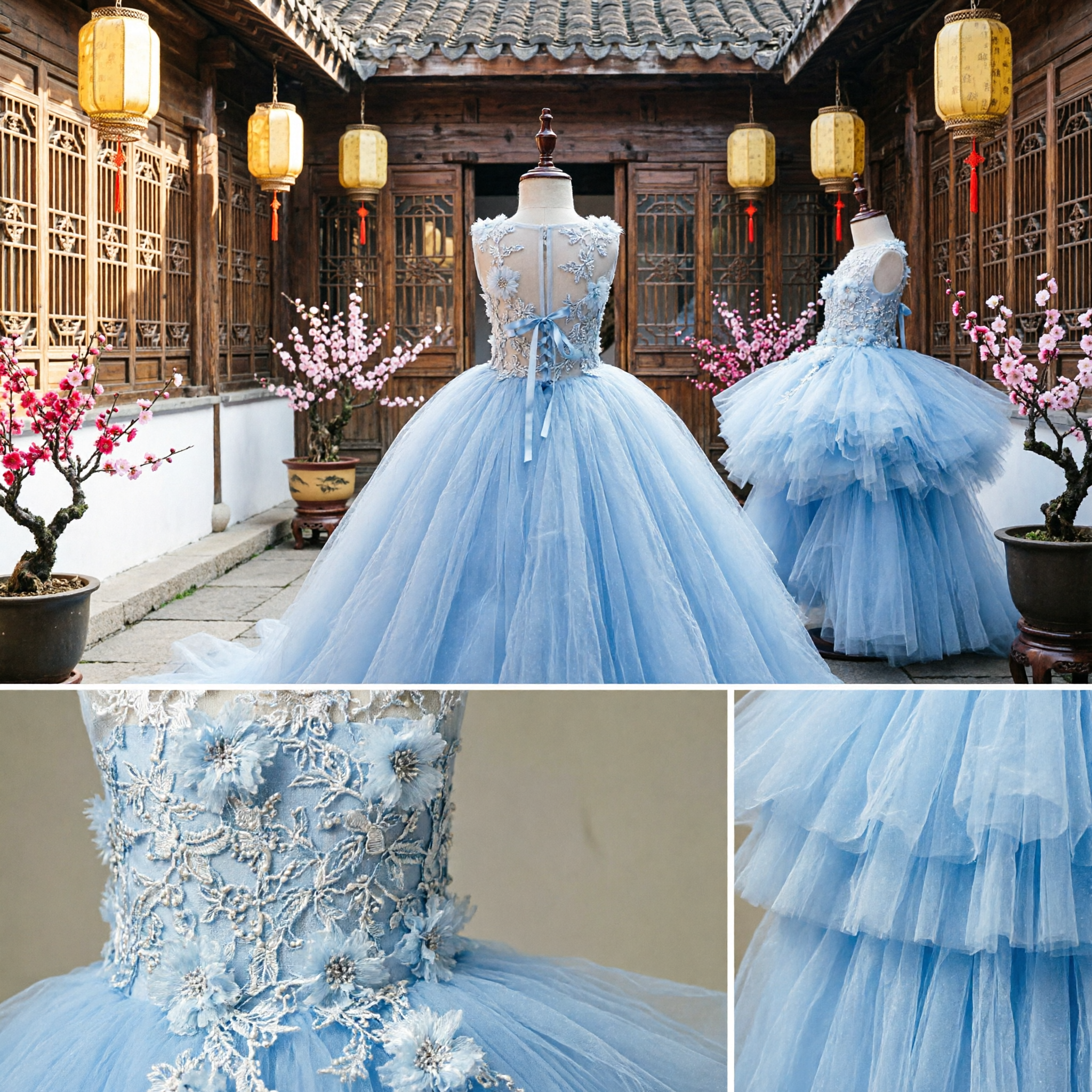 Light Blue Flower Girl Dress Kids Wedding Party Ball Gown with Lace Applique Tulle Skirt