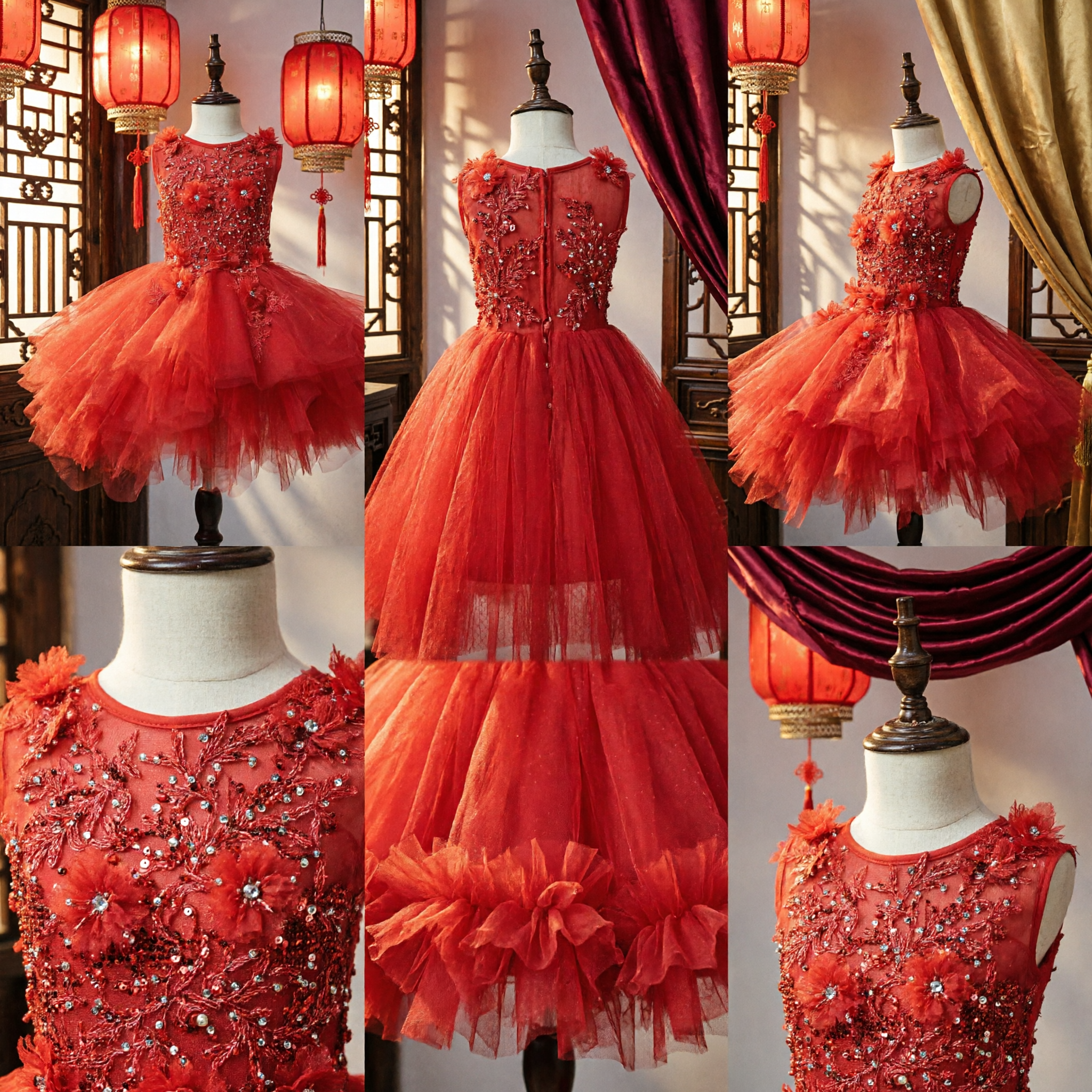 Girls Red Sequin Bodice Tulle Tutu Dress for Flower Girl Wedding Party Pageant