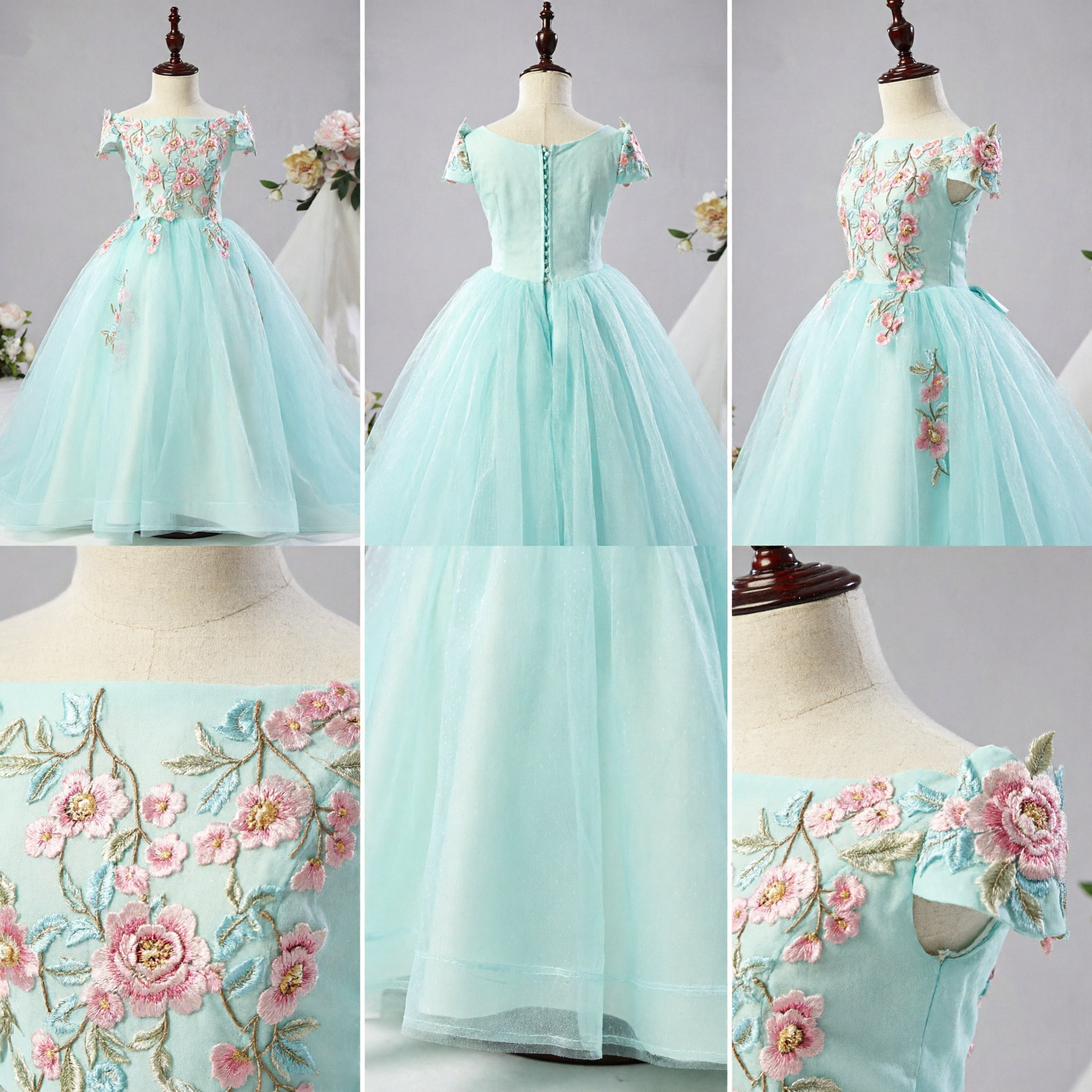 Elegant Light Blue Floral Embroidery Flower Girl Dress Off-Shoulder Tulle Ball Gown for Wedding Party