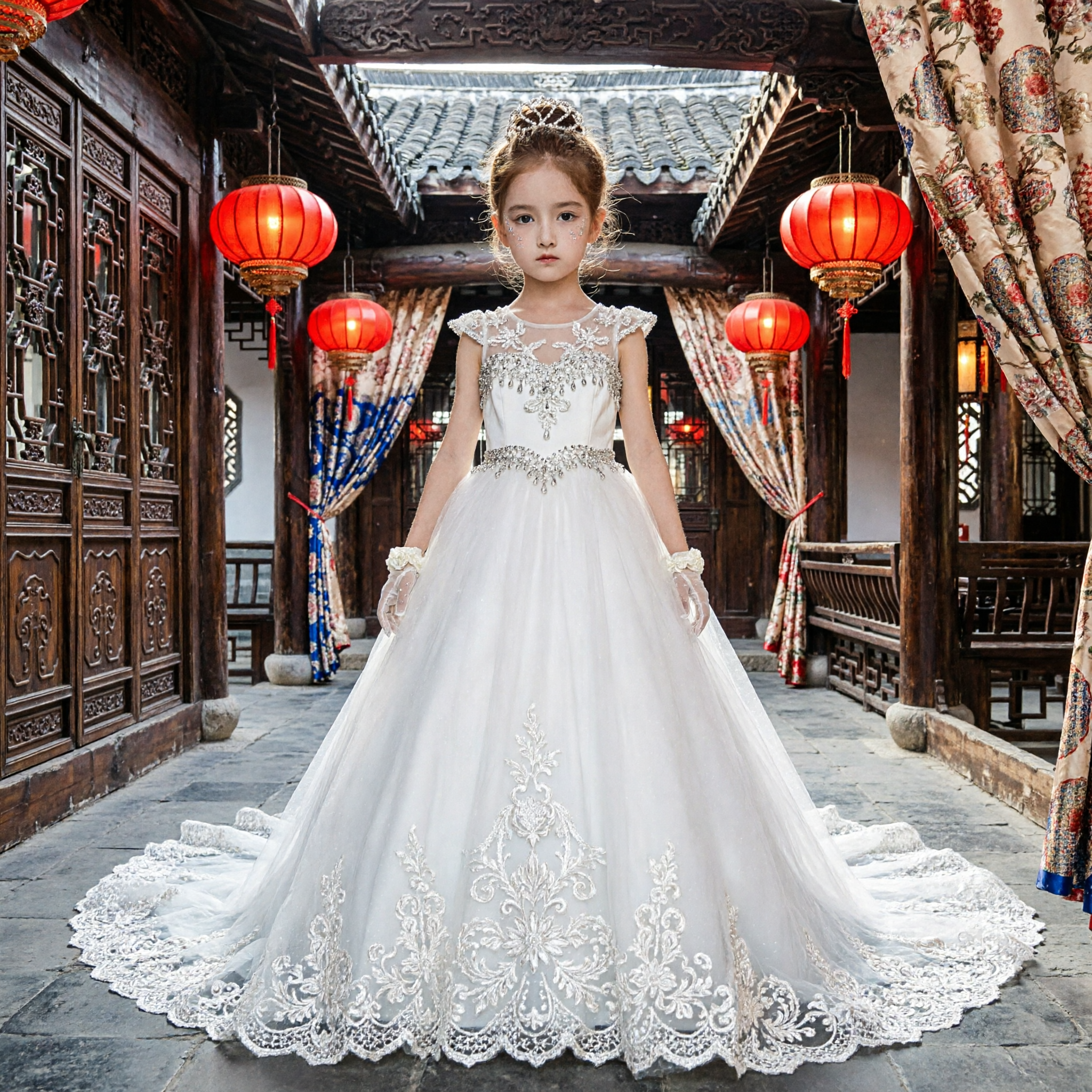 Elegant White Lace Flower Girl Wedding Dress with Long Train for First Communion and Formal Parties