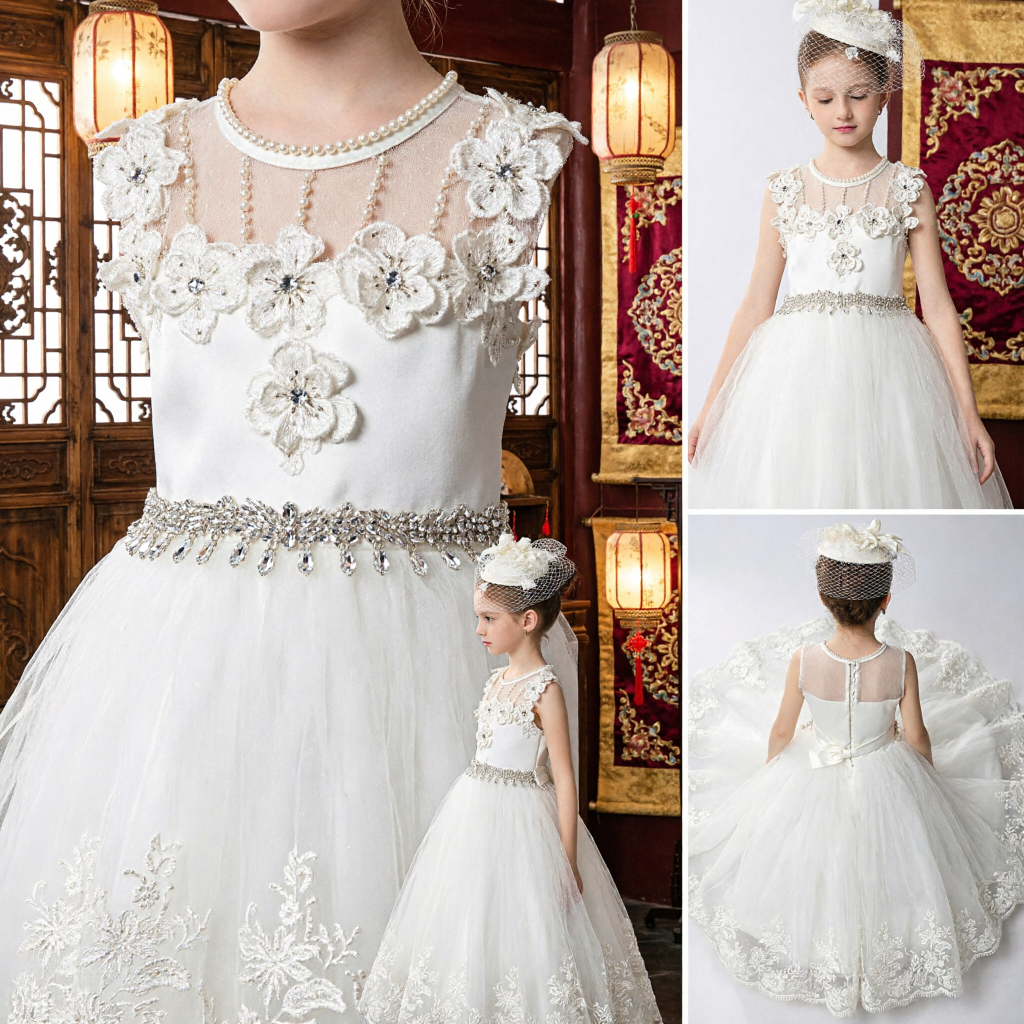 Elegant Girls White First Communion Dress Flower Girl Princess Gown with 3D Floral Applique and Lace Skirt