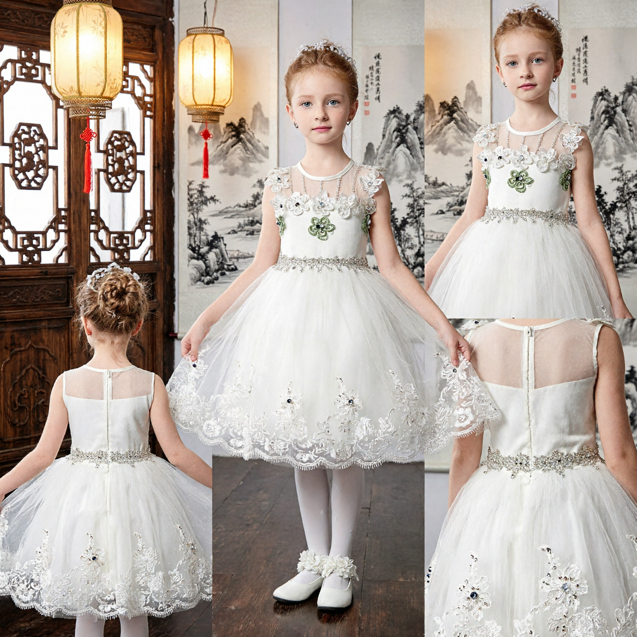 Elegant White Flower Girl Dress with Floral Lace Bodice and Tulle Skirt for Weddings and Pageants