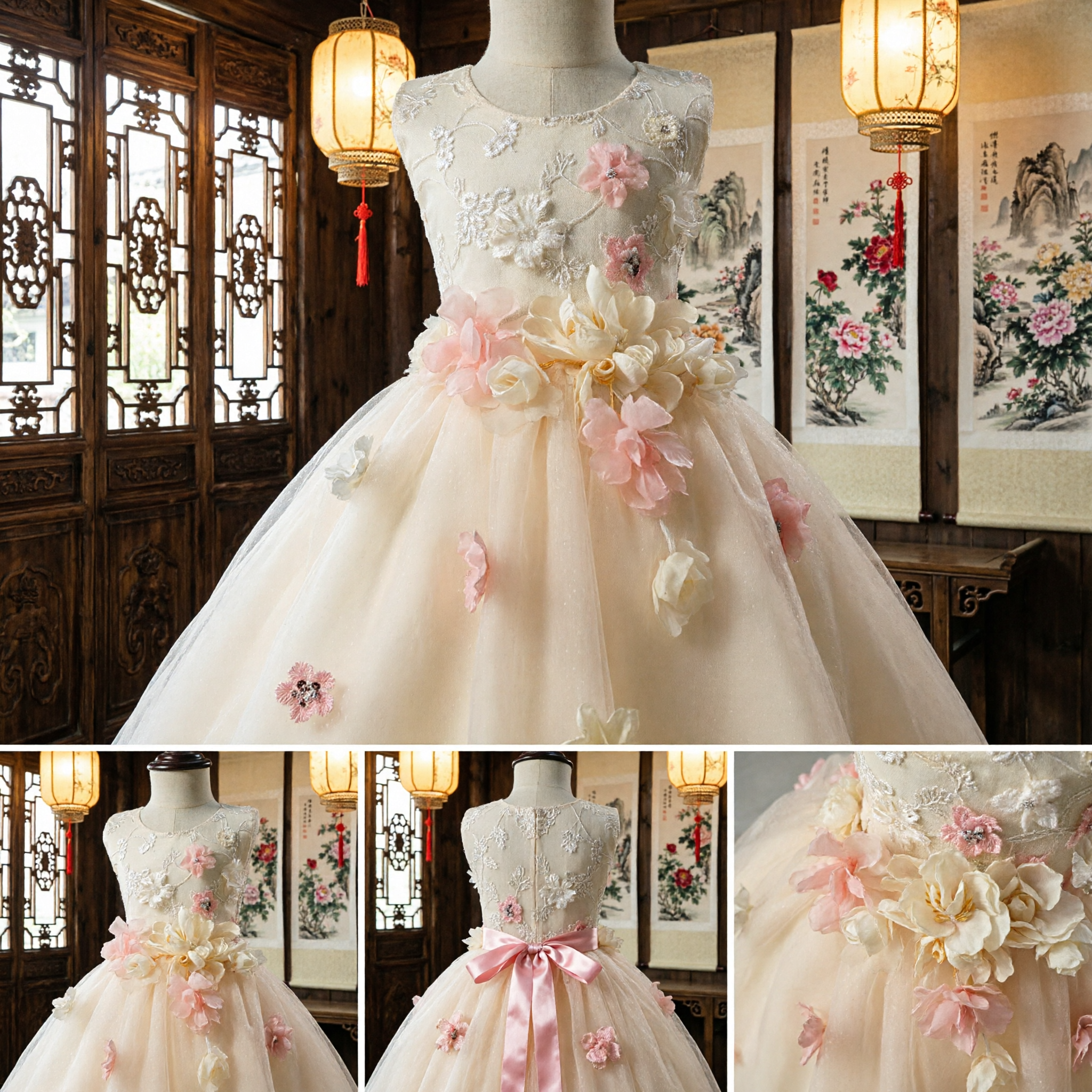 Kids Girls Formal Wedding Dress Princess Tulle Gown with 3D Flowers for Flower Girl Pageant Party