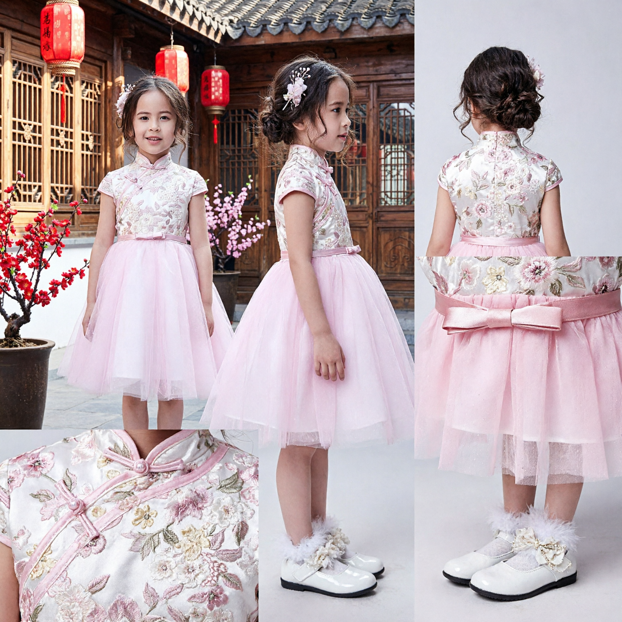 Pink Girls Cheongsam Dress Traditional Chinese Qipao Top with Tulle Skirt Flower Girl Wedding Party Formal Wear