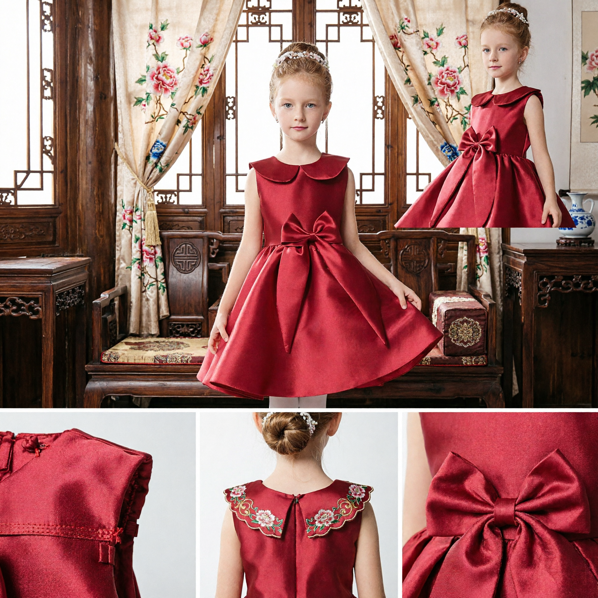 Girls Red Satin Flower Girl Dress with Large Bow and Peter Pan Collar for Weddings