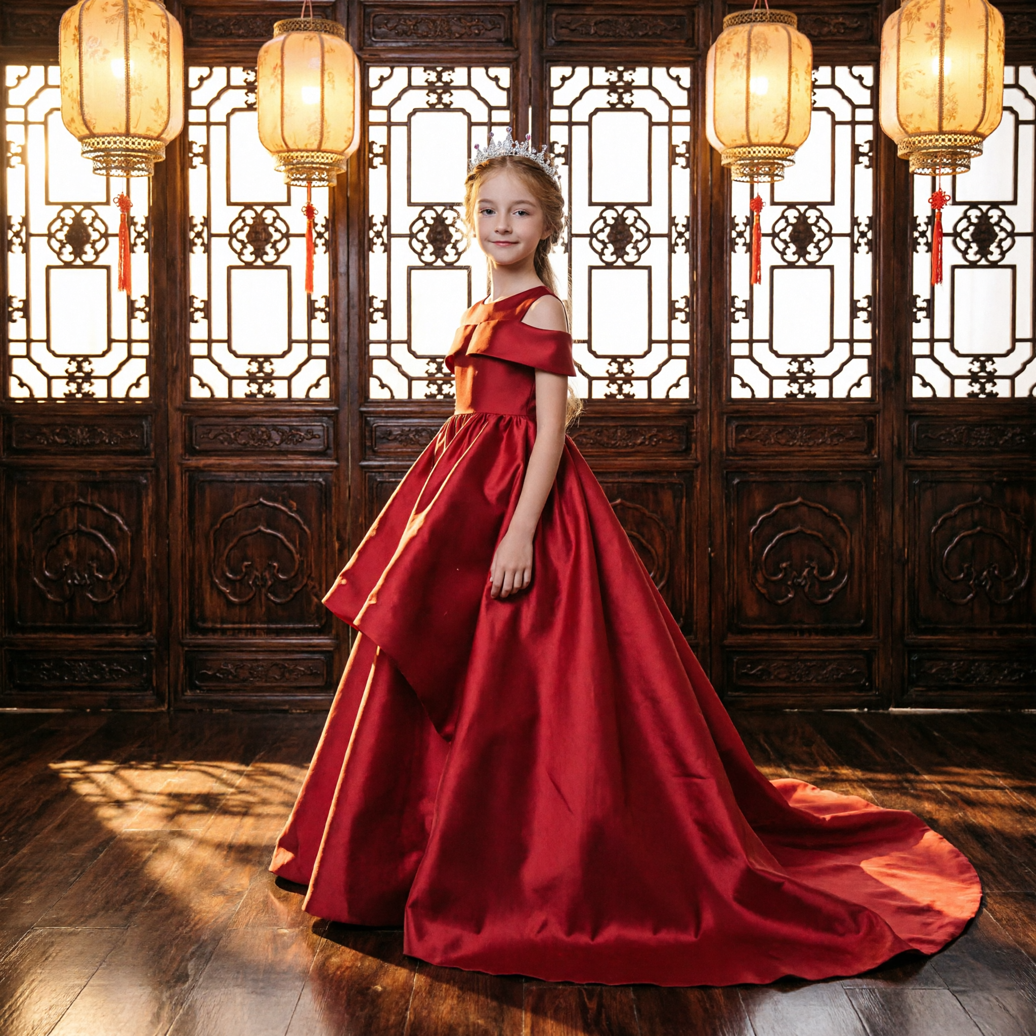 Elegant Red Satin Long Ball Gown for Girls Off-Shoulder Formal Dress Wedding Pageant