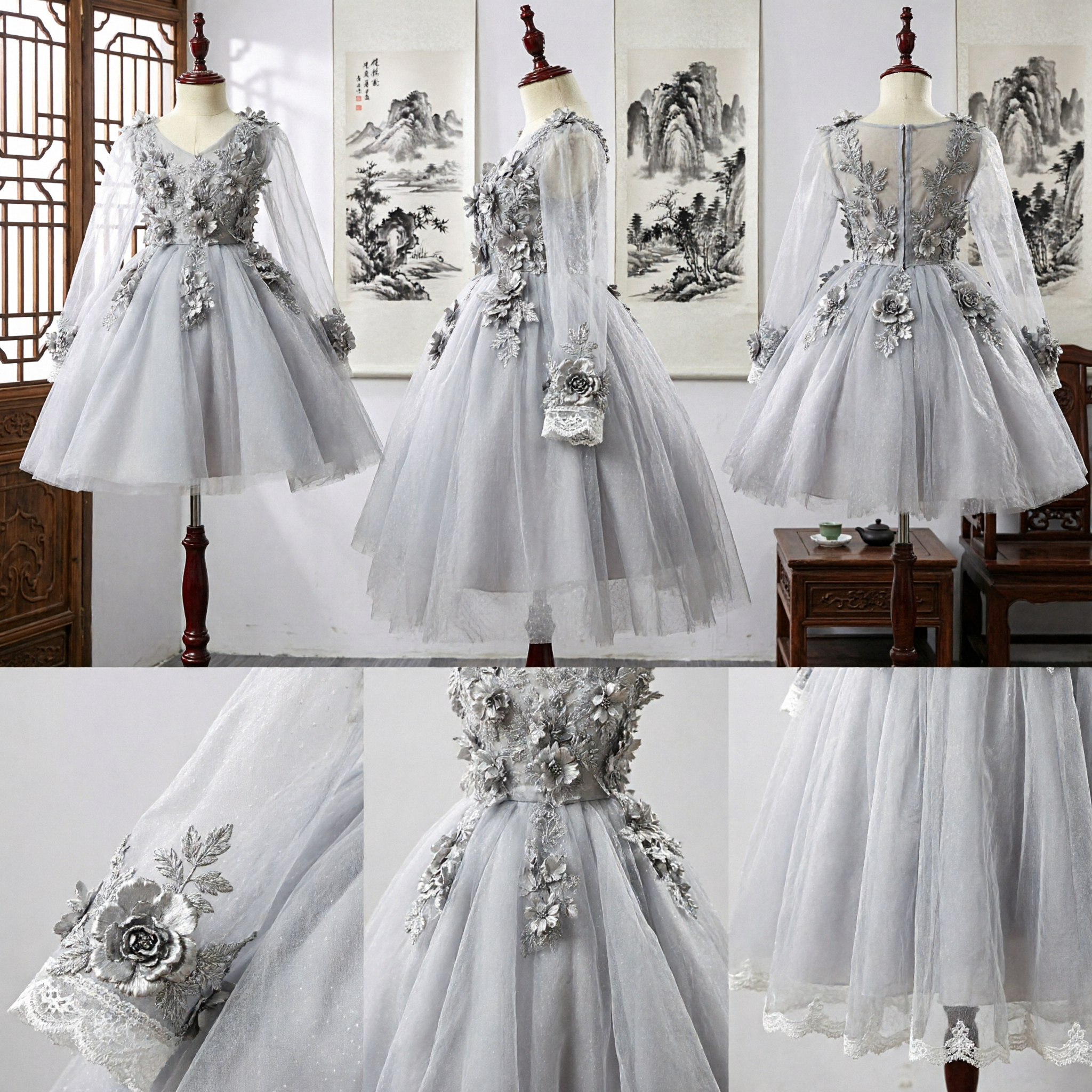 Silver Grey Long Sleeve Flower Girl Dress with 3D Floral Appliques Tulle Wedding Party Gown for Kids