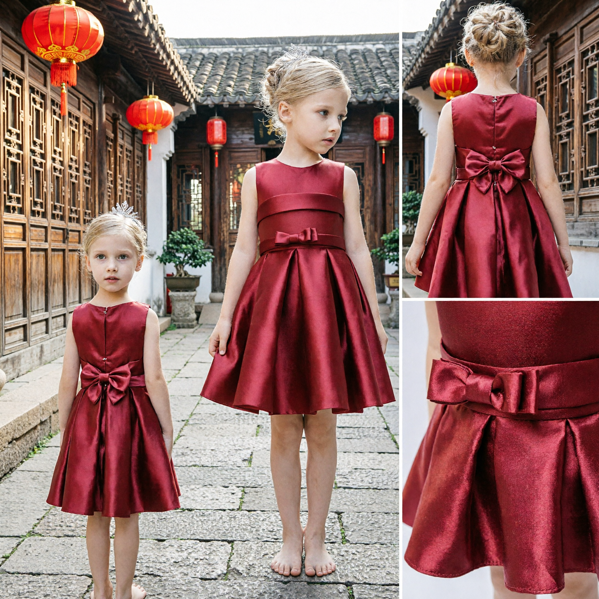 Girls Red Satin Flower Girl Dress Sleeveless A-Line Wedding Party Evening Gown with Waist Bow