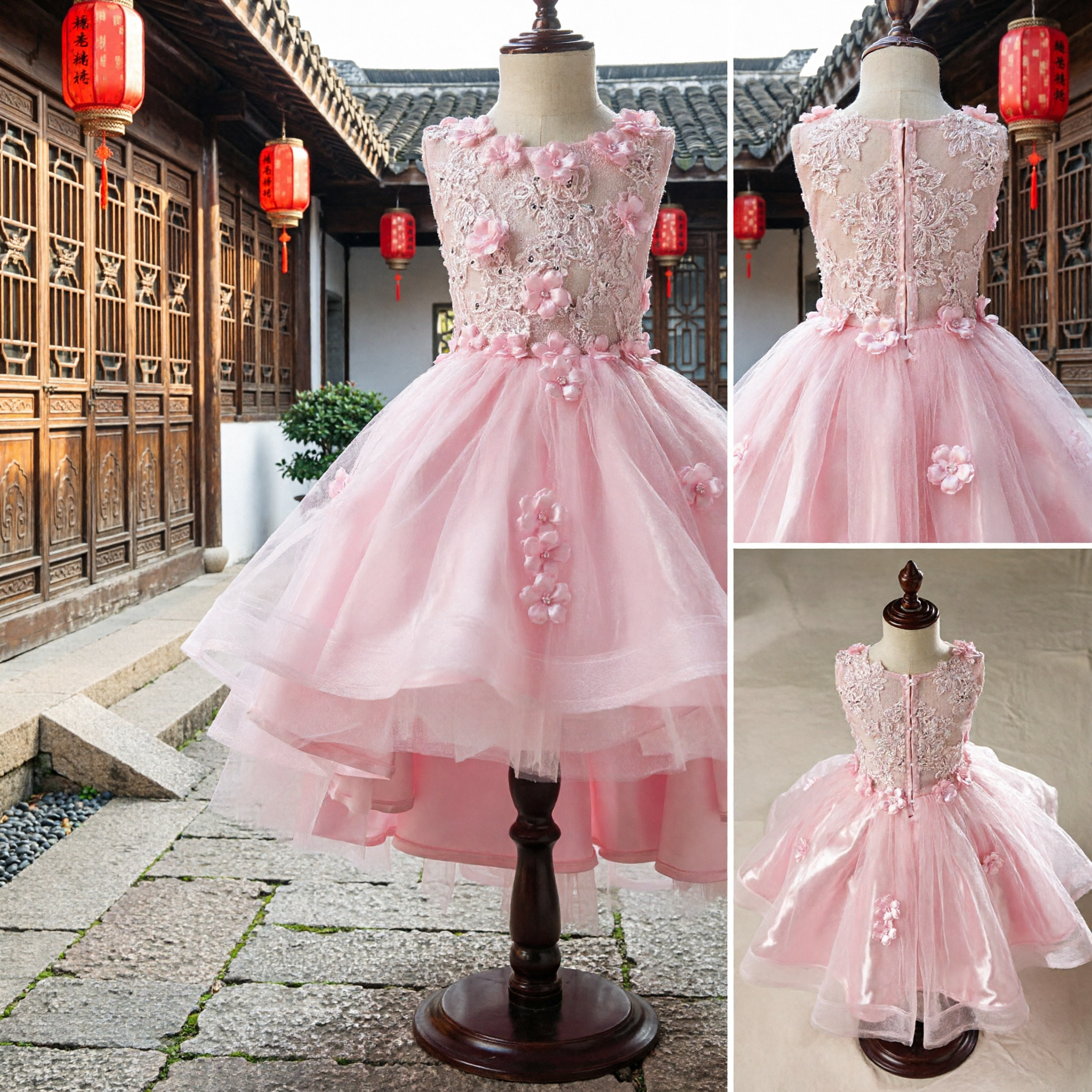 Sleeveless Pink Lace Flower Girl Dress Princess Tulle Ball Gown for Kids Wedding Party