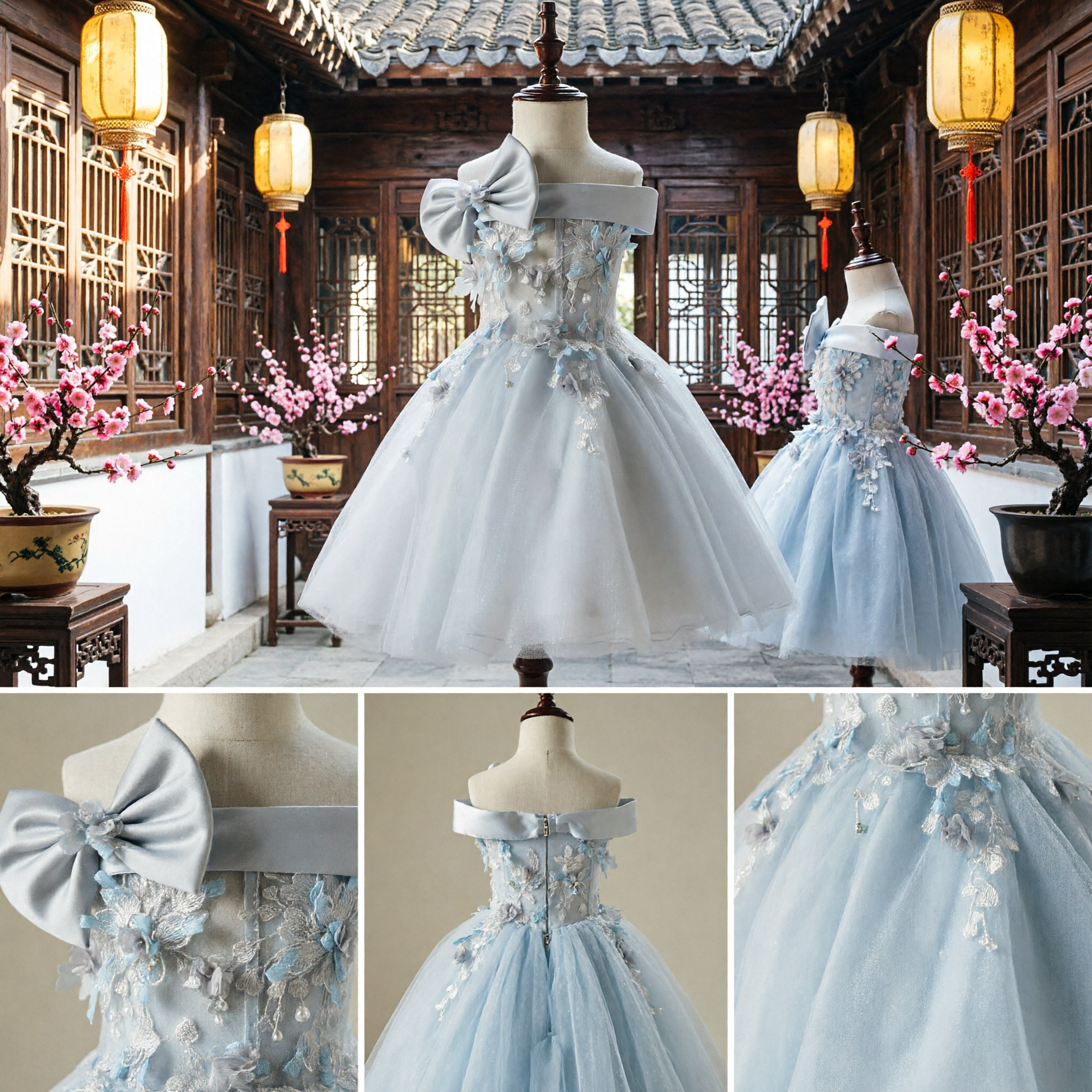 Elegant Girls One Shoulder Flower Girl Dress White Tulle Ball Gown with Large Bow for Wedding Party