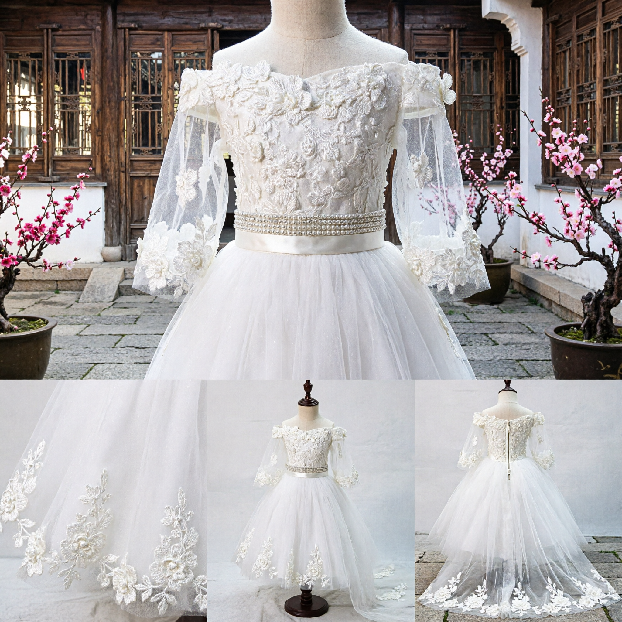 Elegant White Off-Shoulder Flower Girl Dress with 3D Floral Lace Appliques and Tulle Skirt for Weddings