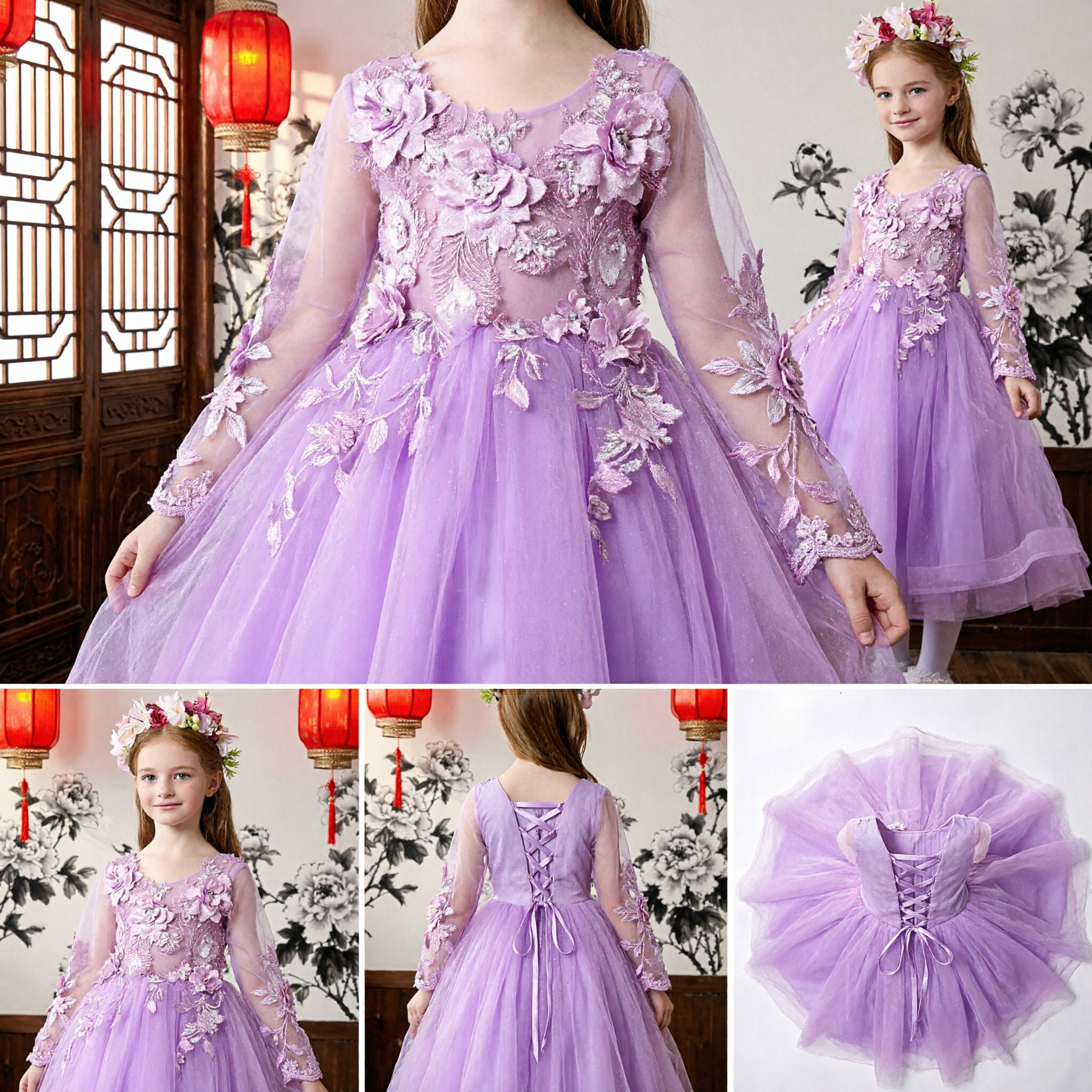Girls Purple 3D Floral Ball Gown Long Sleeve Tulle Formal Dress for Wedding Pageant Party