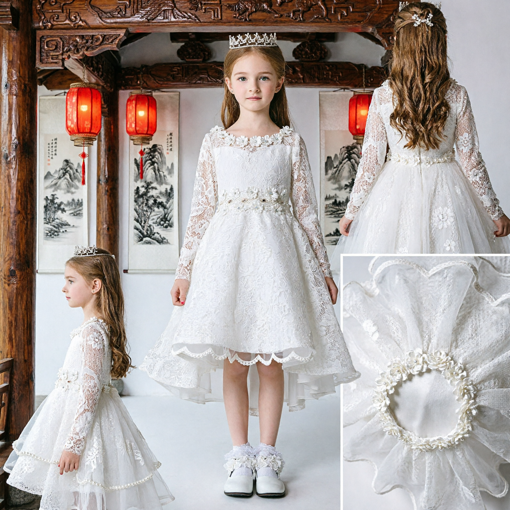 Elegant White Lace Long Sleeve High-Low Dress for Girls First Communion Flower Girl Pageant Gown