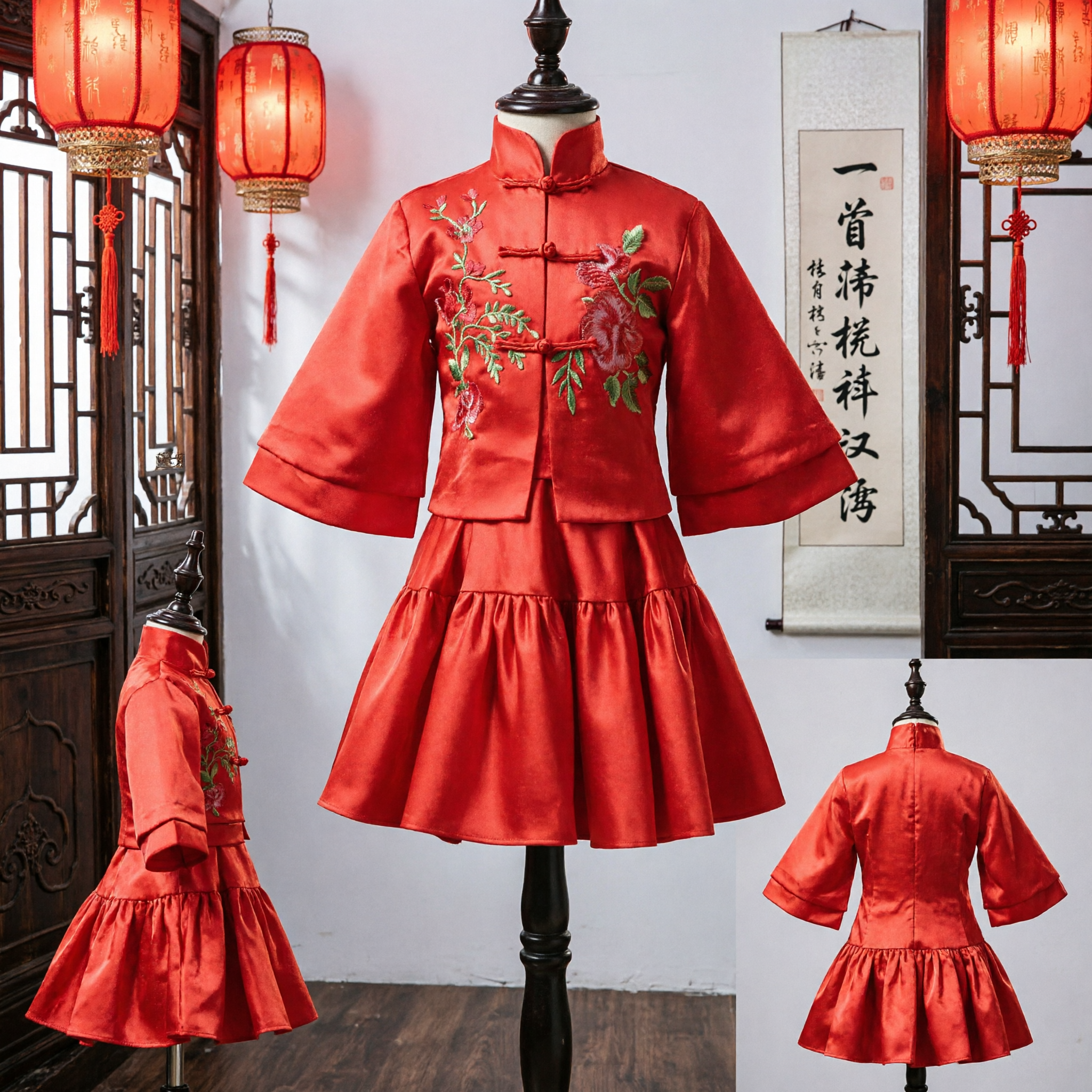 Traditional Chinese Red Tang Suit for Girls Embroidered Top and Skirt Set for Lunar New Year Wedding
