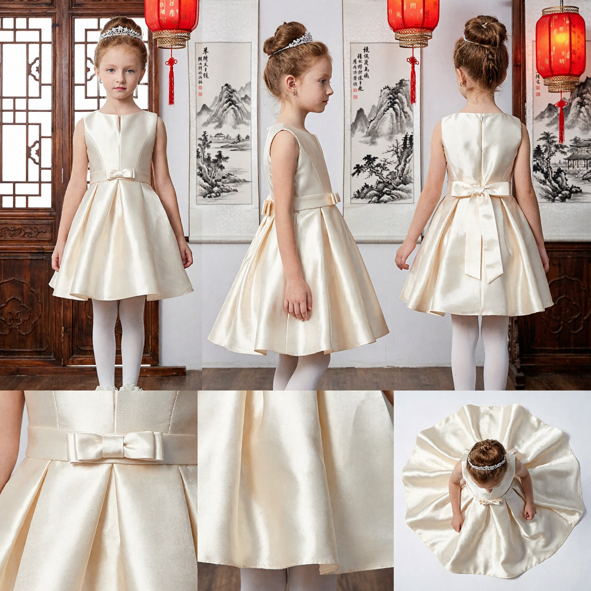 Elegant Ivory Satin Flower Girl Dress Sleeveless A-Line with Waist Bow for Wedding Party