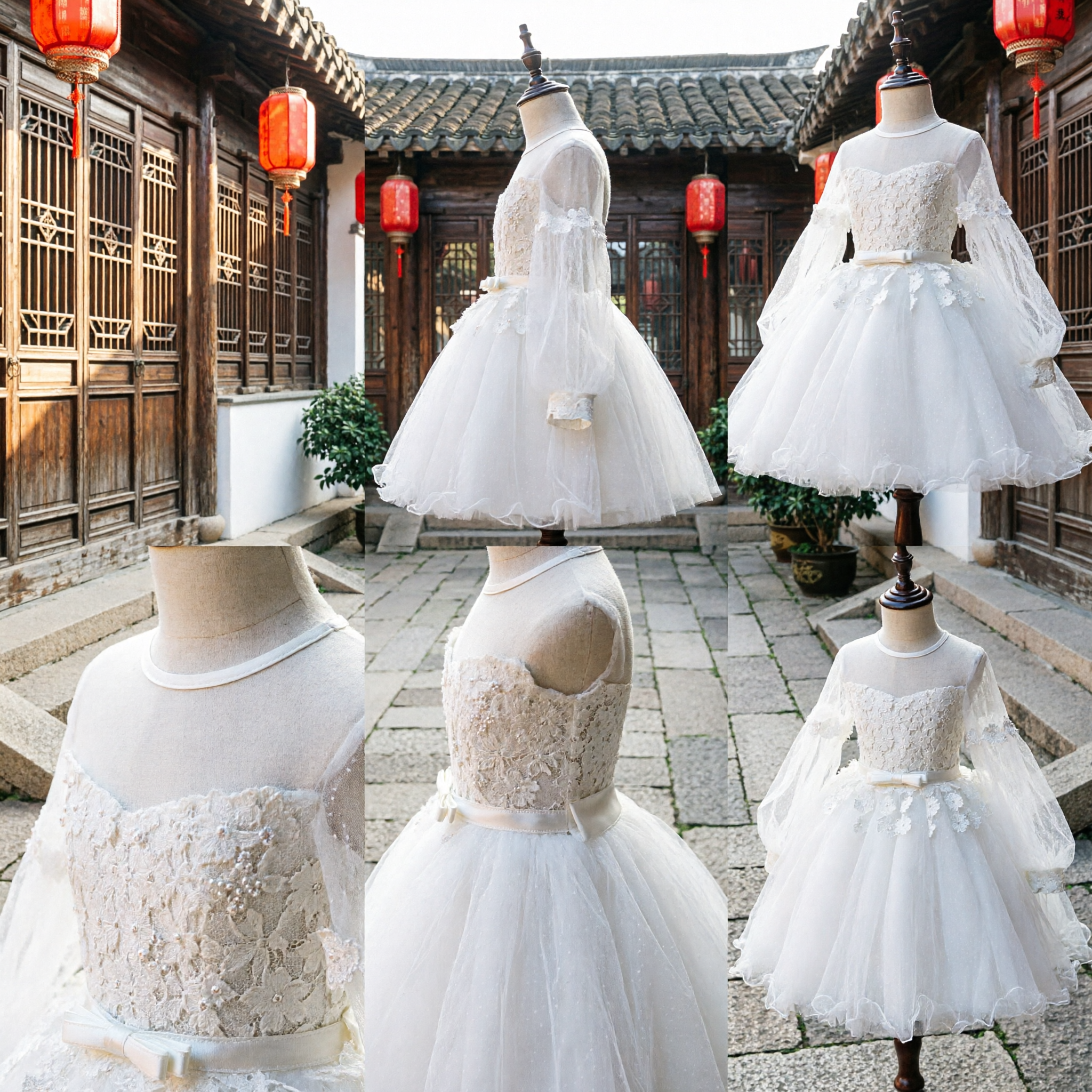 Elegant White Lace Flower Girl Dress Long Sleeve Tulle Skirt for First Communion Wedding Party