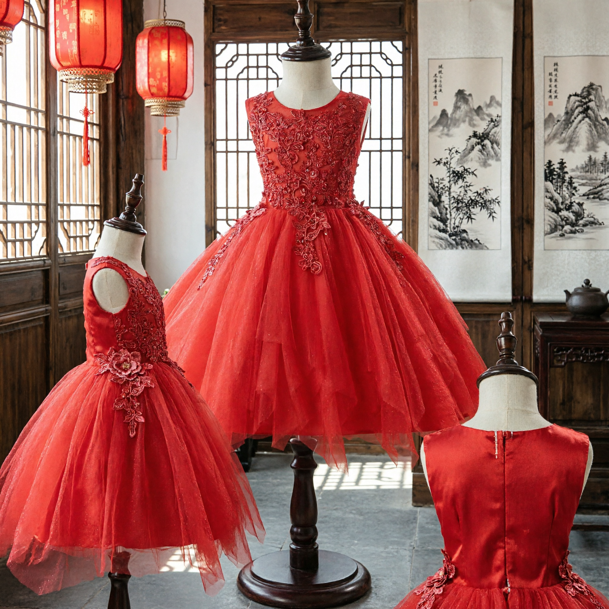 Elegant Red Flower Girl Dress Kids Wedding Party Gown Tulle Lace Applique Princess Outfit for Girls