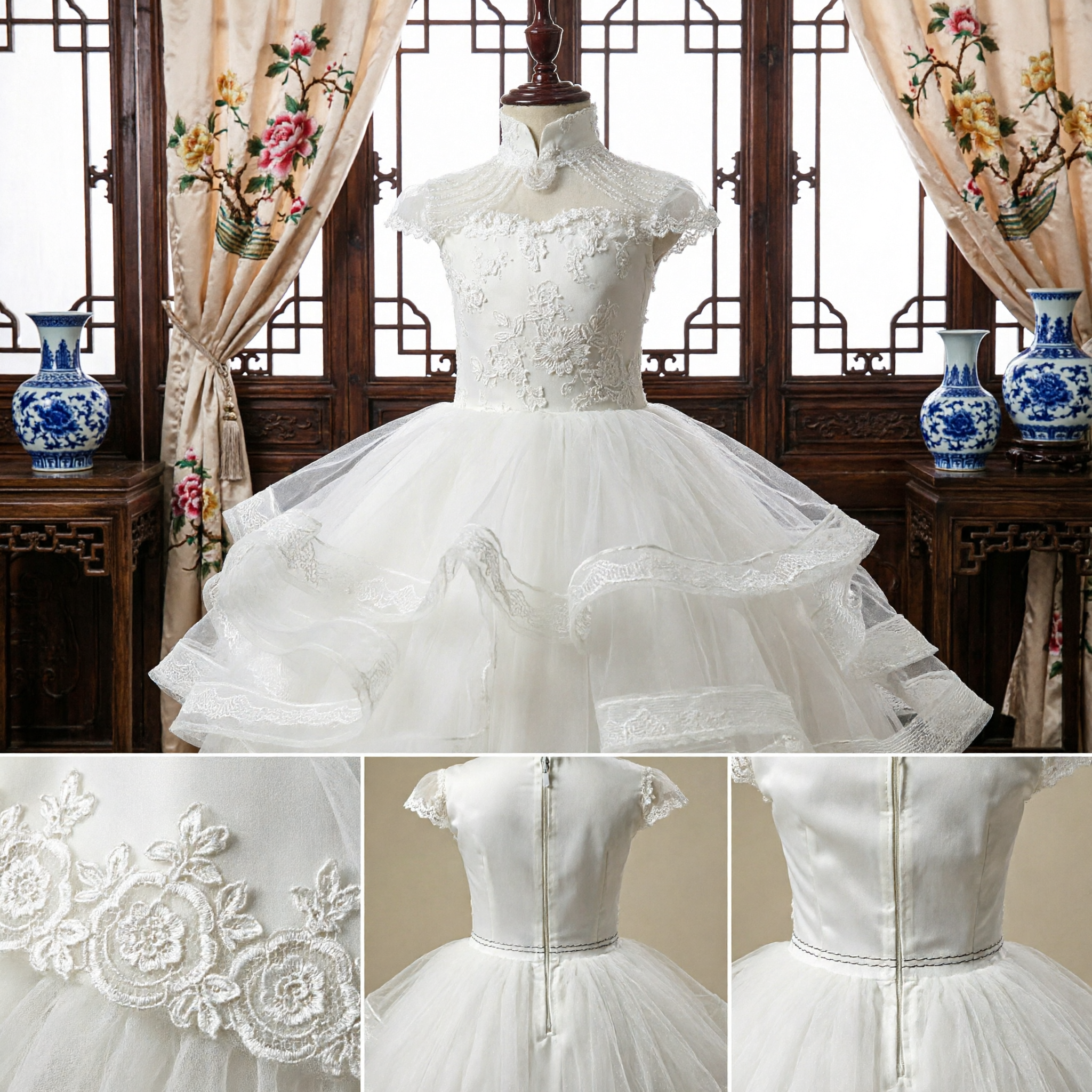 White Lace Flower Girl Dress Mandarin Collar Cheongsam Style Tulle Ballgown for Kids Wedding Party