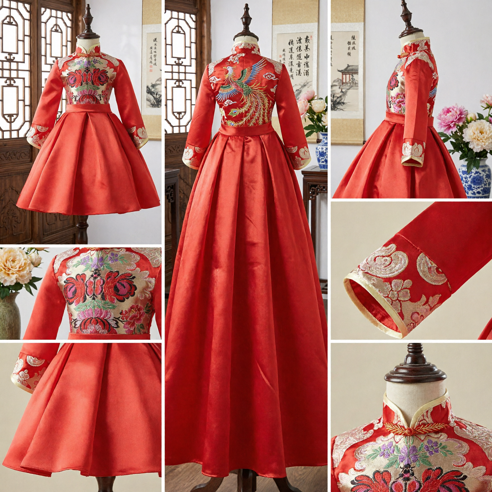 Girls Red Chinese New Year Cheongsam Dress Traditional Floral Embroidery Tang Suit Formal Party Costume