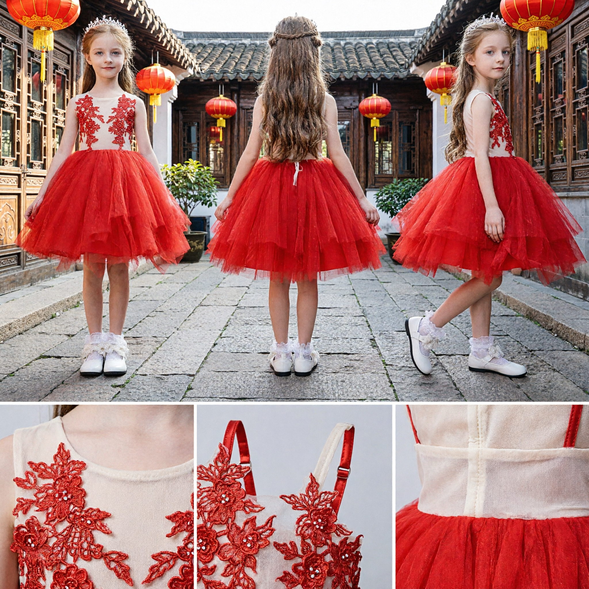 Elegant Red Floral Embroidered Tulle Dress for Kids Girls Party Performance Flower Girl Costume