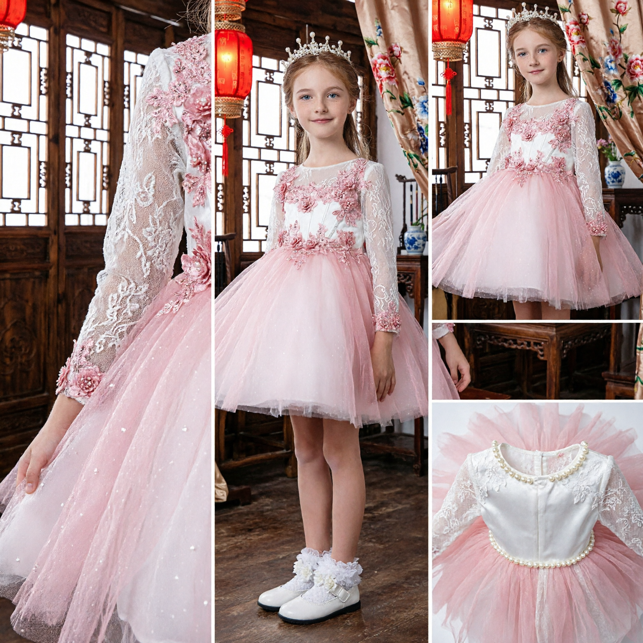 Elegant Pink Floral Lace Long Sleeve Tutu Dress for Girls Flower Girl Wedding Party Gown