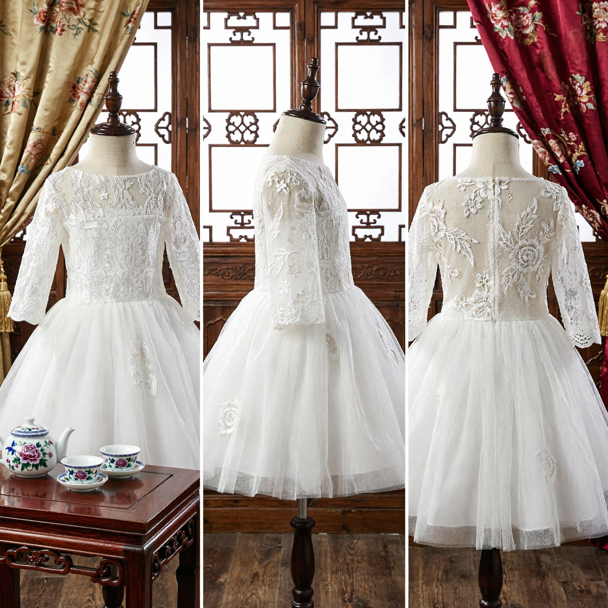 Girls White Lace First Communion Dress Long Sleeve Flower Girl Wedding Party Formal Gown with Full Tulle Skirt