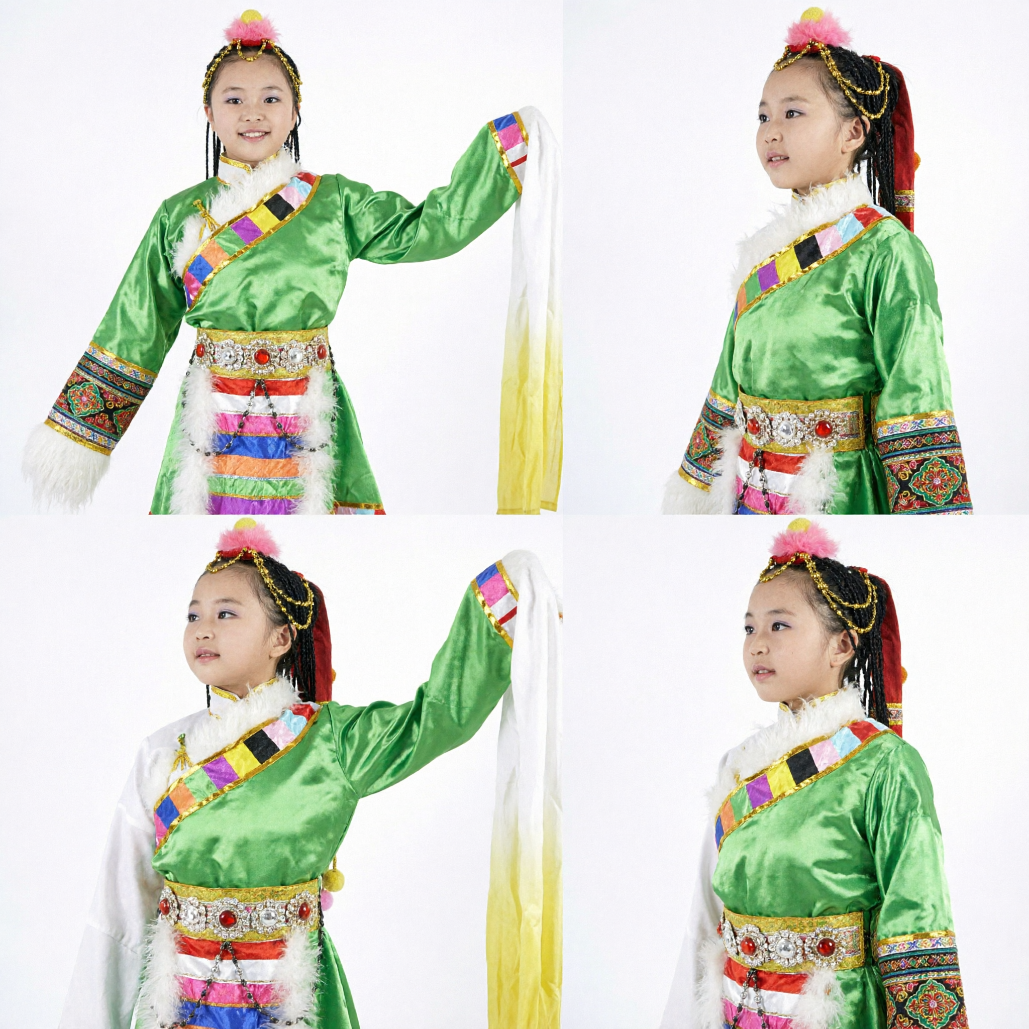 Girls Tibetan Ethnic Dance Costume Green Traditional Chuba with Water Sleeves for Kids Folk Performance
