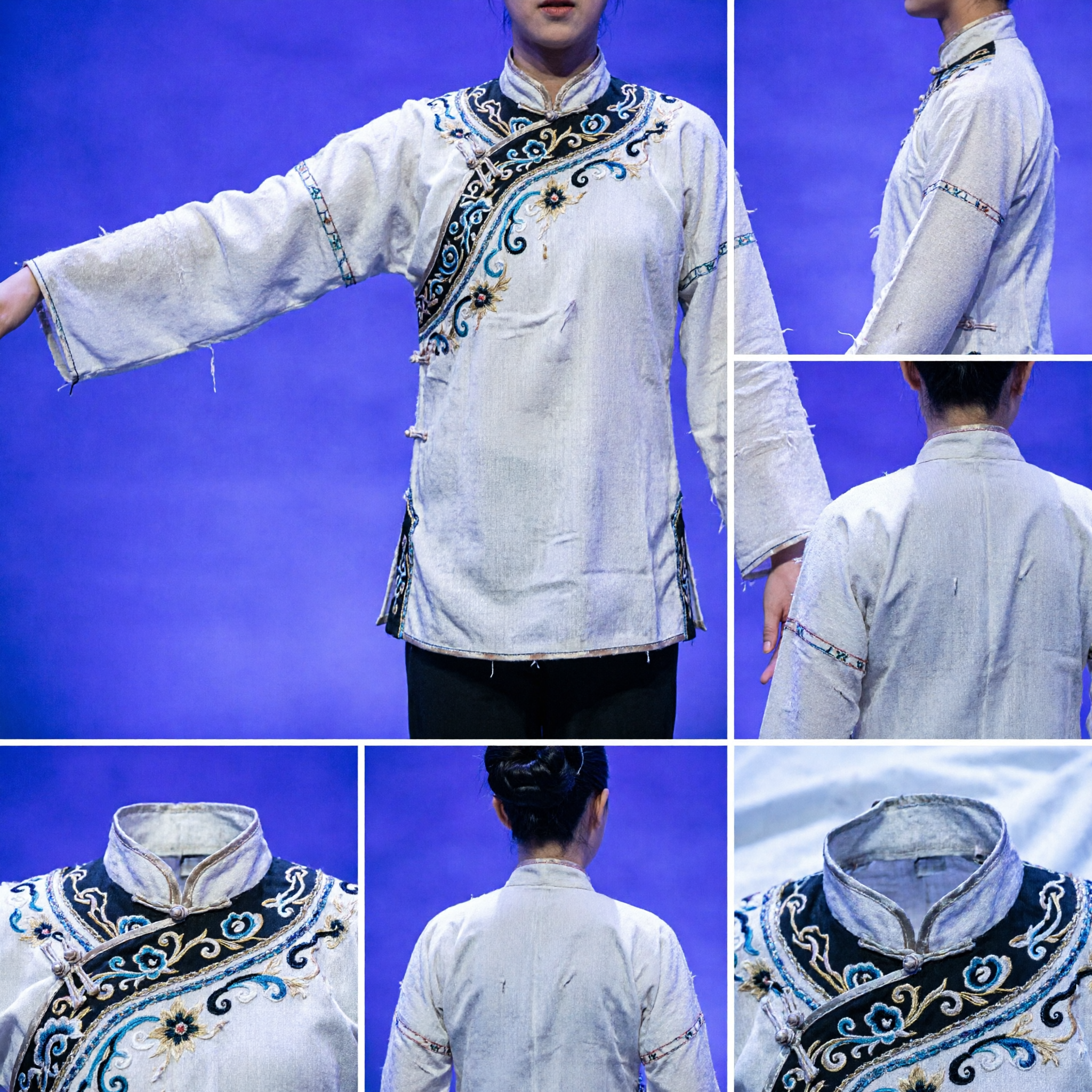 Professional Chinese Folk Dance Costume Black Pants White Top with Long Silk Ribbons for Stage Performance