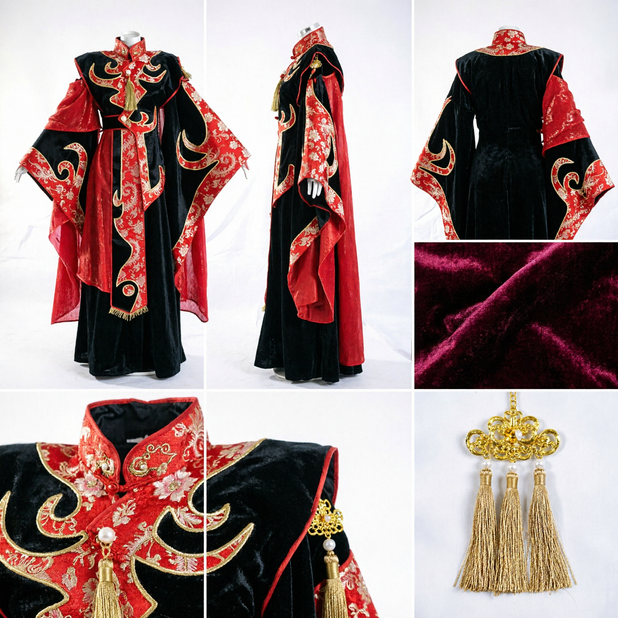 Traditional Chinese Wuxia Martial Arts Costume Black Red Gold Embroidered Cape Cloak for Men