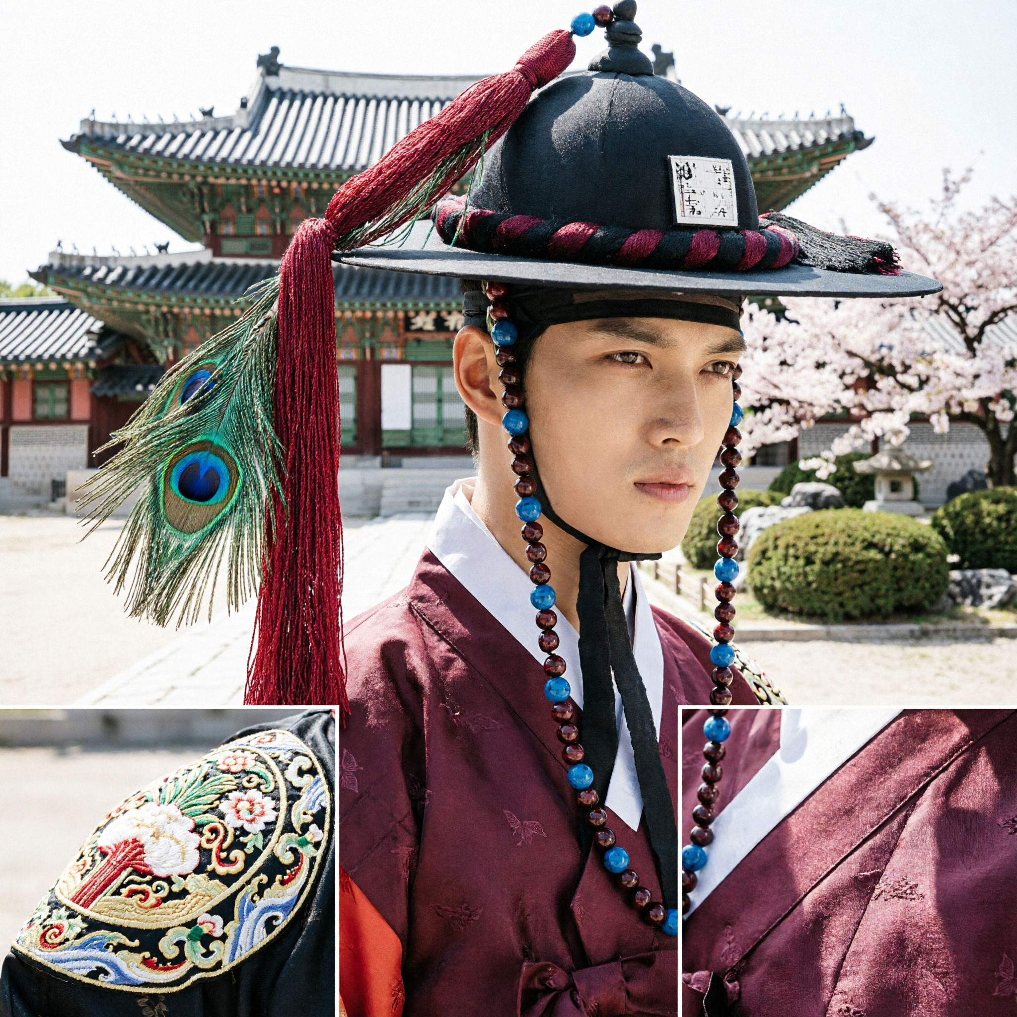 Traditional Korean Men's Black Gat Hat with Peacock Feather and Red Tassel for Wedding Hanbok Costume