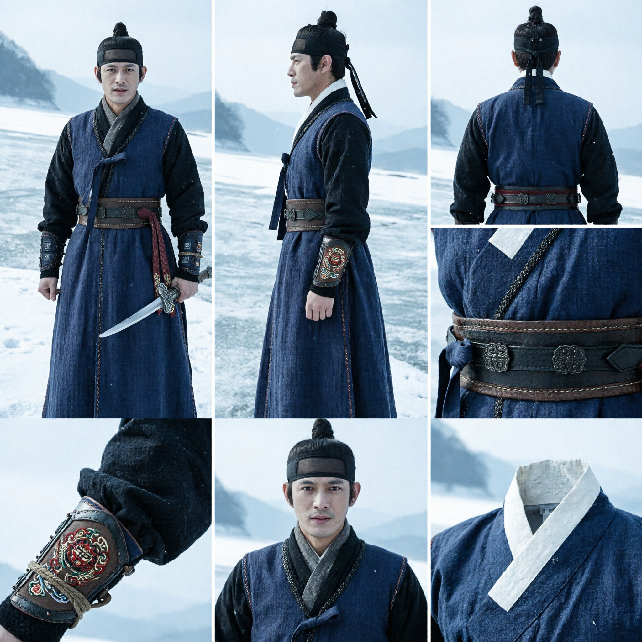 Traditional Korean Hanbok Warrior Costume Navy Blue Sageuk Cosplay Outfit for Men Historical Drama