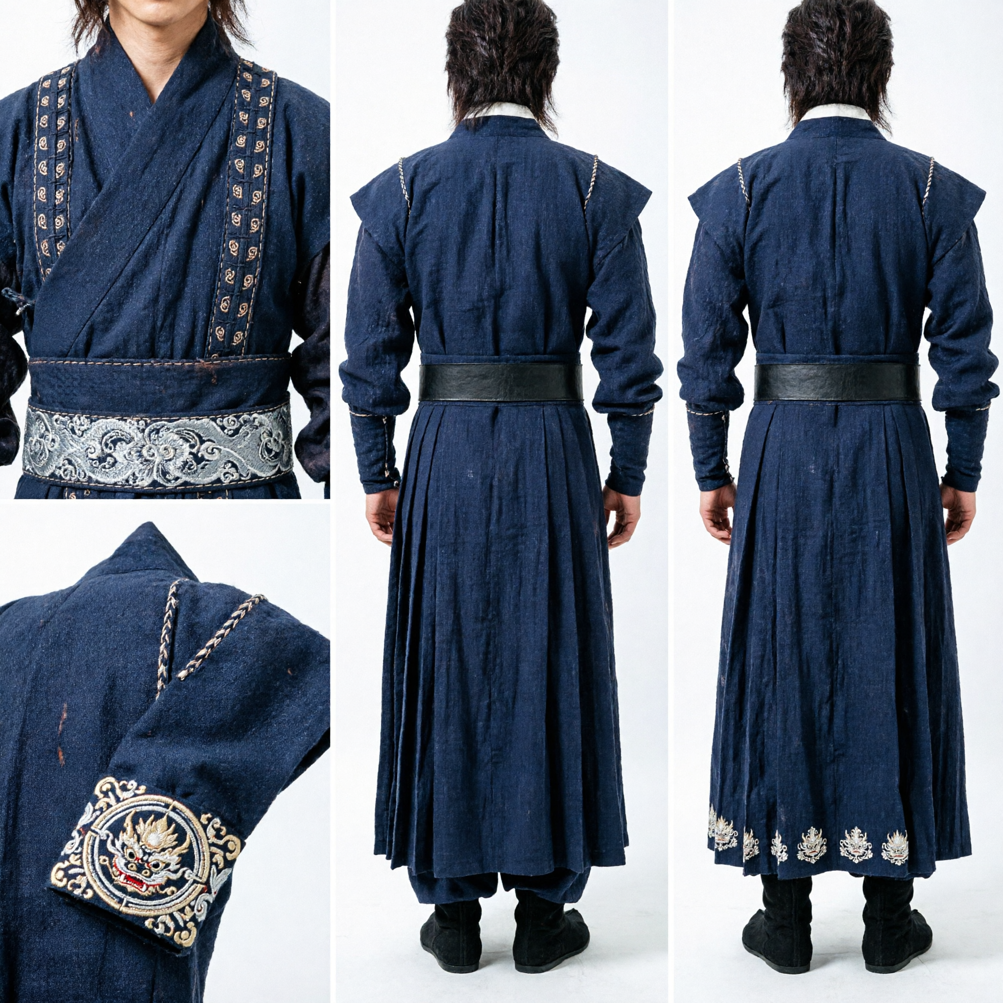 Men's Dark Blue Traditional Korean Hanbok Warrior Costume Long Robe for Cosplay and Historical Reenactment
