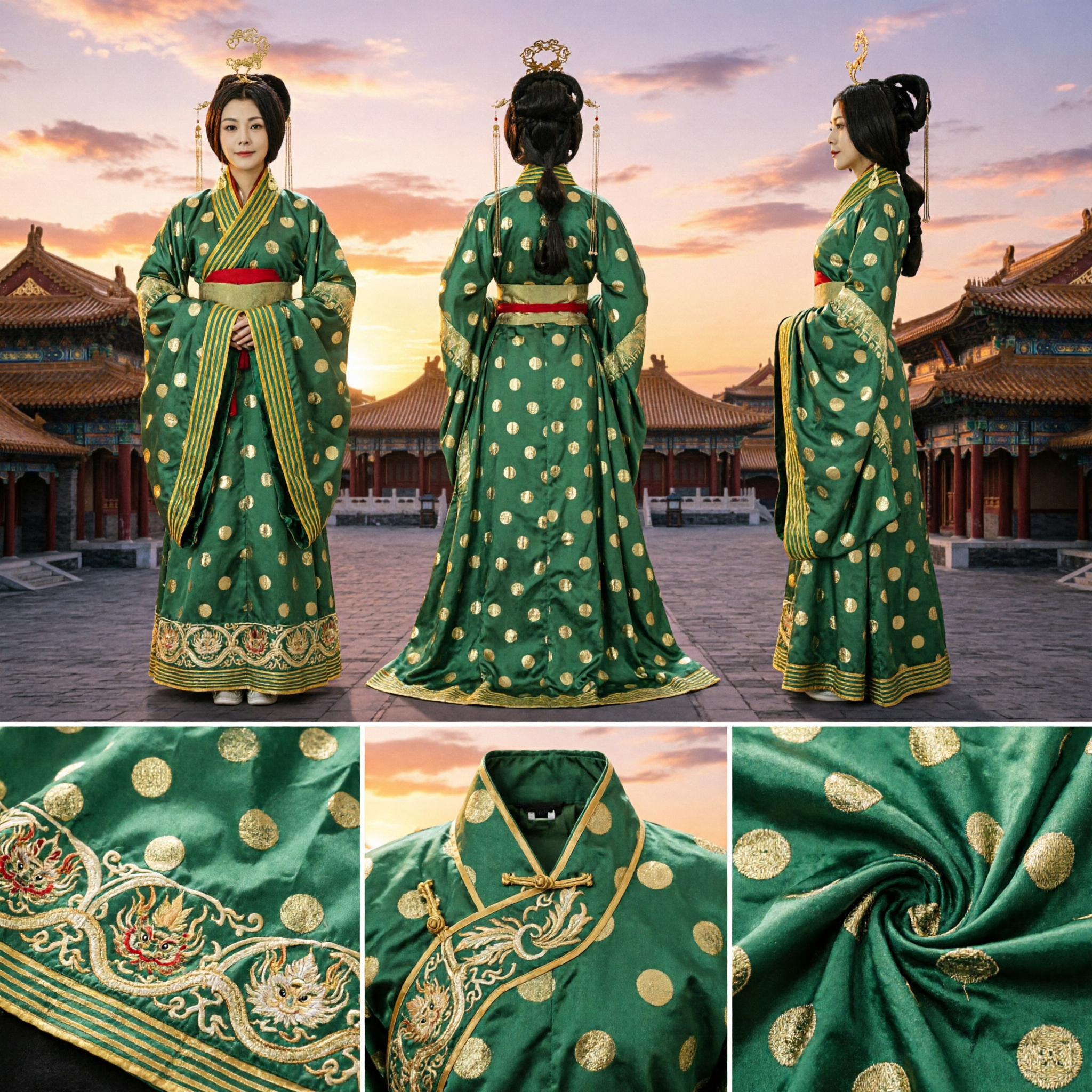 Traditional Chinese Ancient Tang Dynasty Green Hanfu Dress with Gold Dots for Women Cosplay Historical Drama