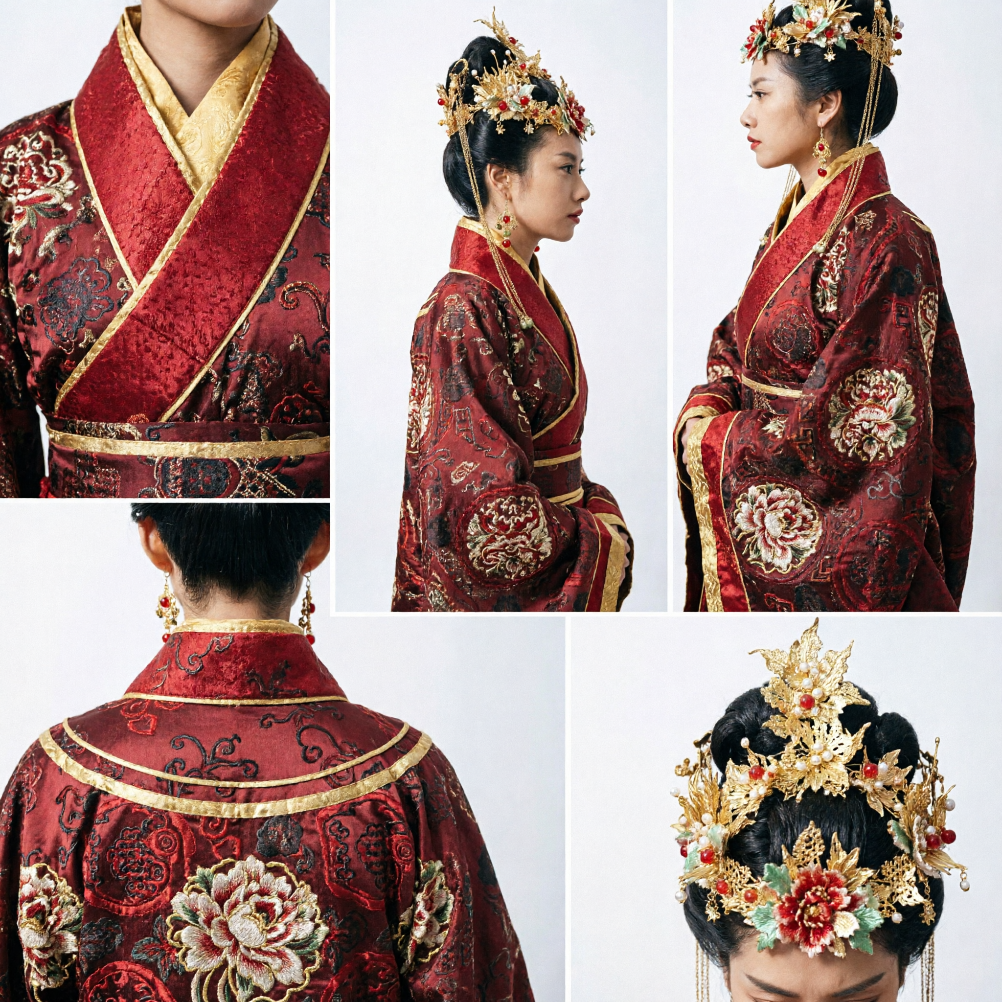 Traditional Chinese Ancient Wedding Costume Red Hanfu Dress with Elaborate Gold Phoenix Crown for Women