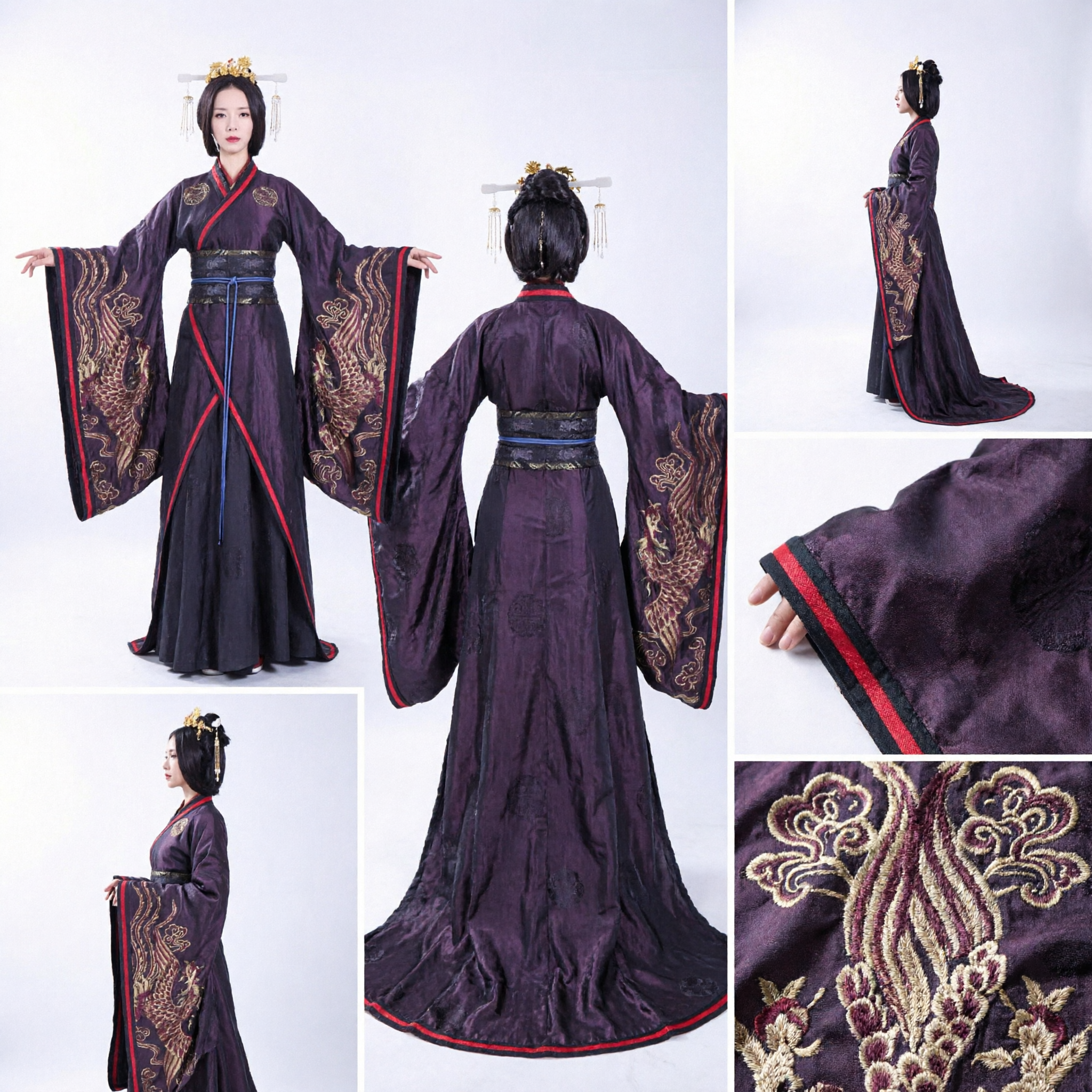 Ancient Chinese Empress Purple Hanfu Costume with Phoenix Embroidery Wide Sleeve Dress for Women Cosplay