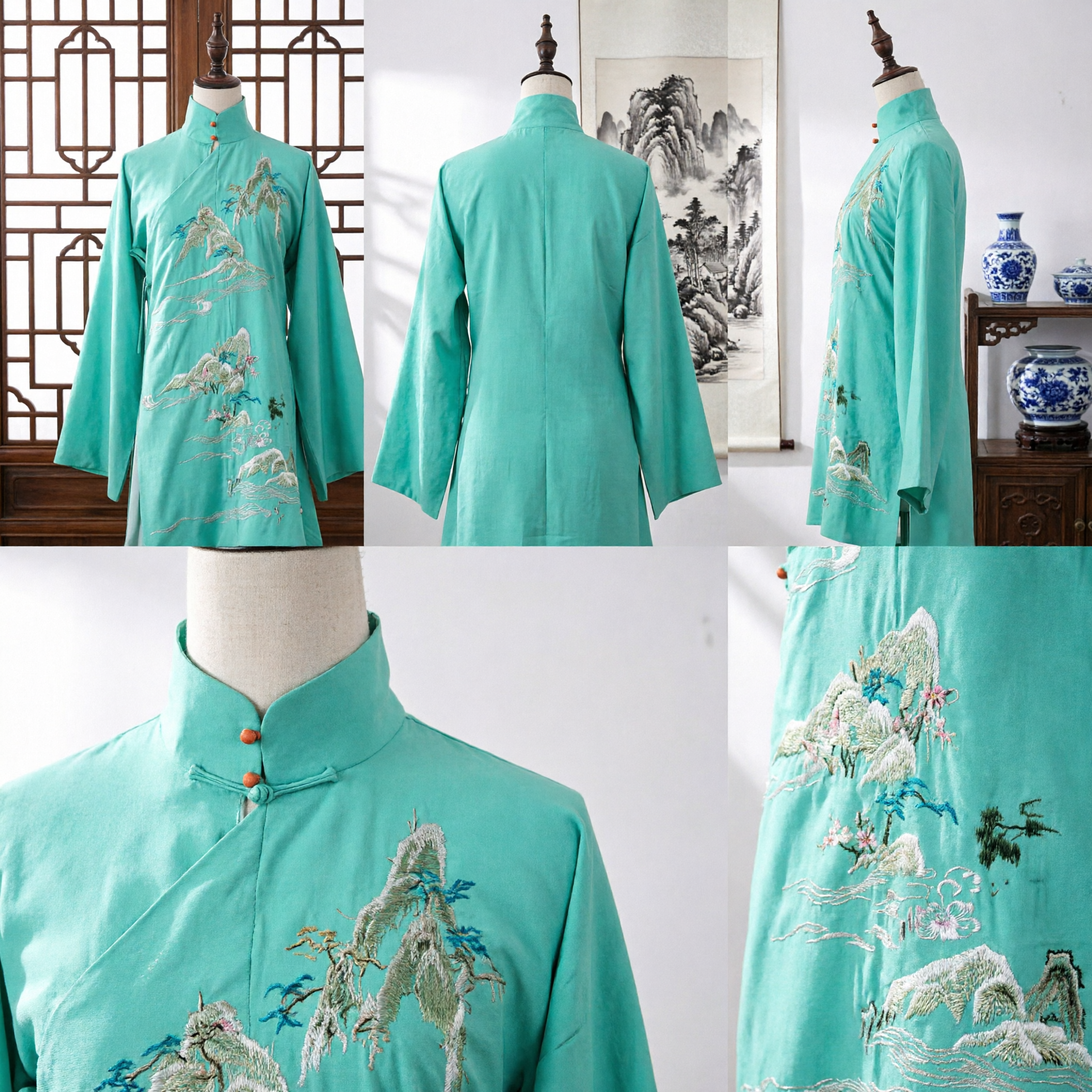 Teal Traditional Chinese Tang Suit Top Silk Embroidered Mountain Cloud Pattern Kung Fu Shirt for Men