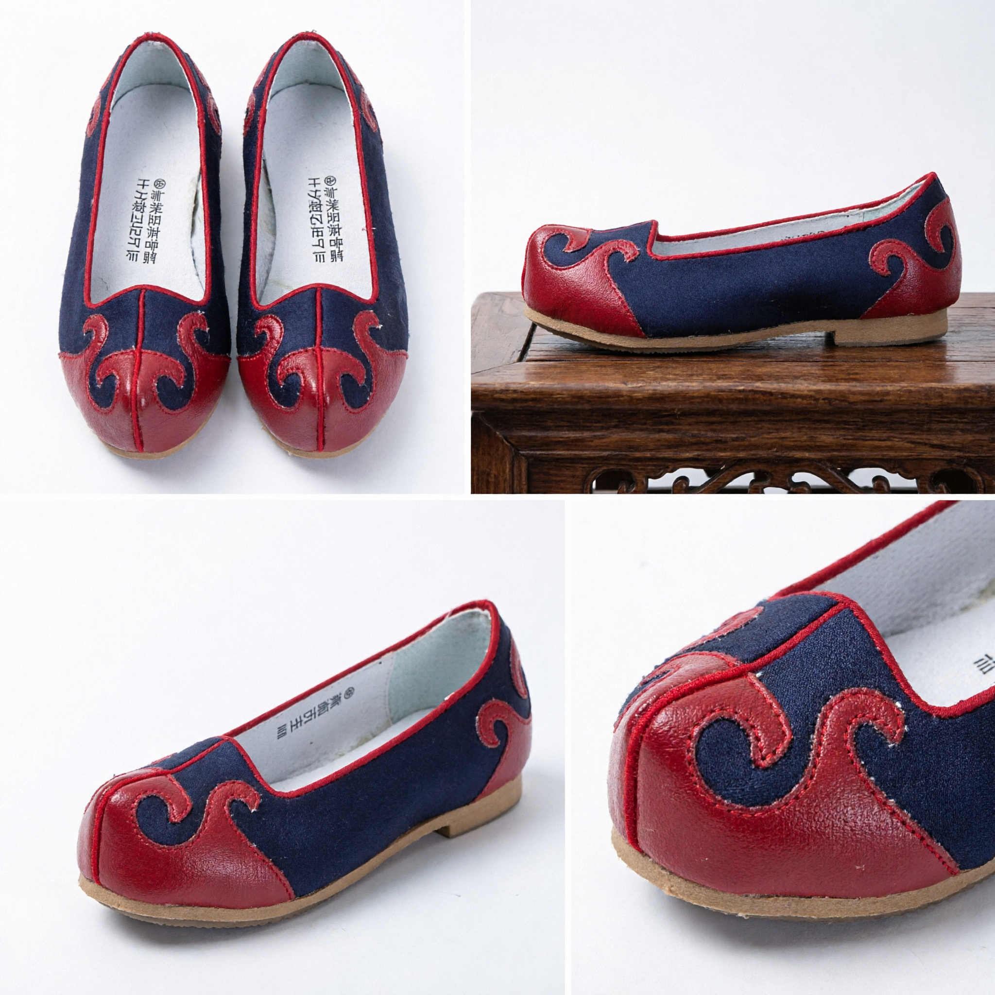 Traditional Korean Hanbok Shoes Women Red and Navy Blue Cloud Pattern Flat Soles for Wedding Dance