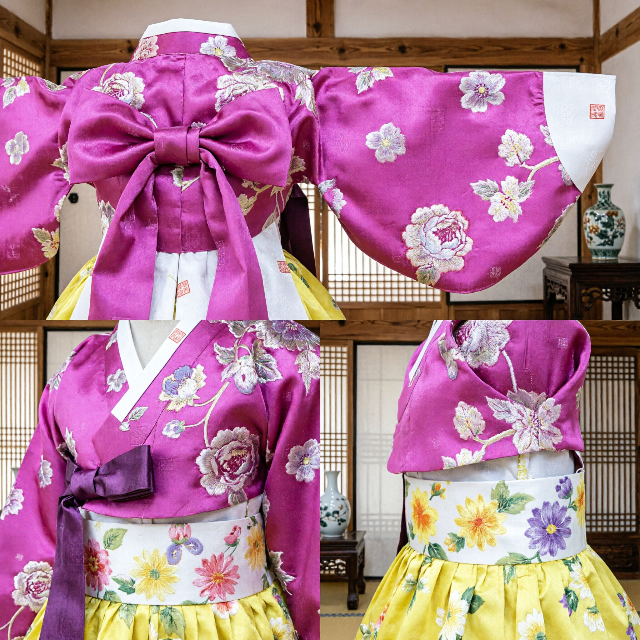 Traditional Korean Hanbok for Girls Pink Floral Jeogori Kids Dress for Birthday Party