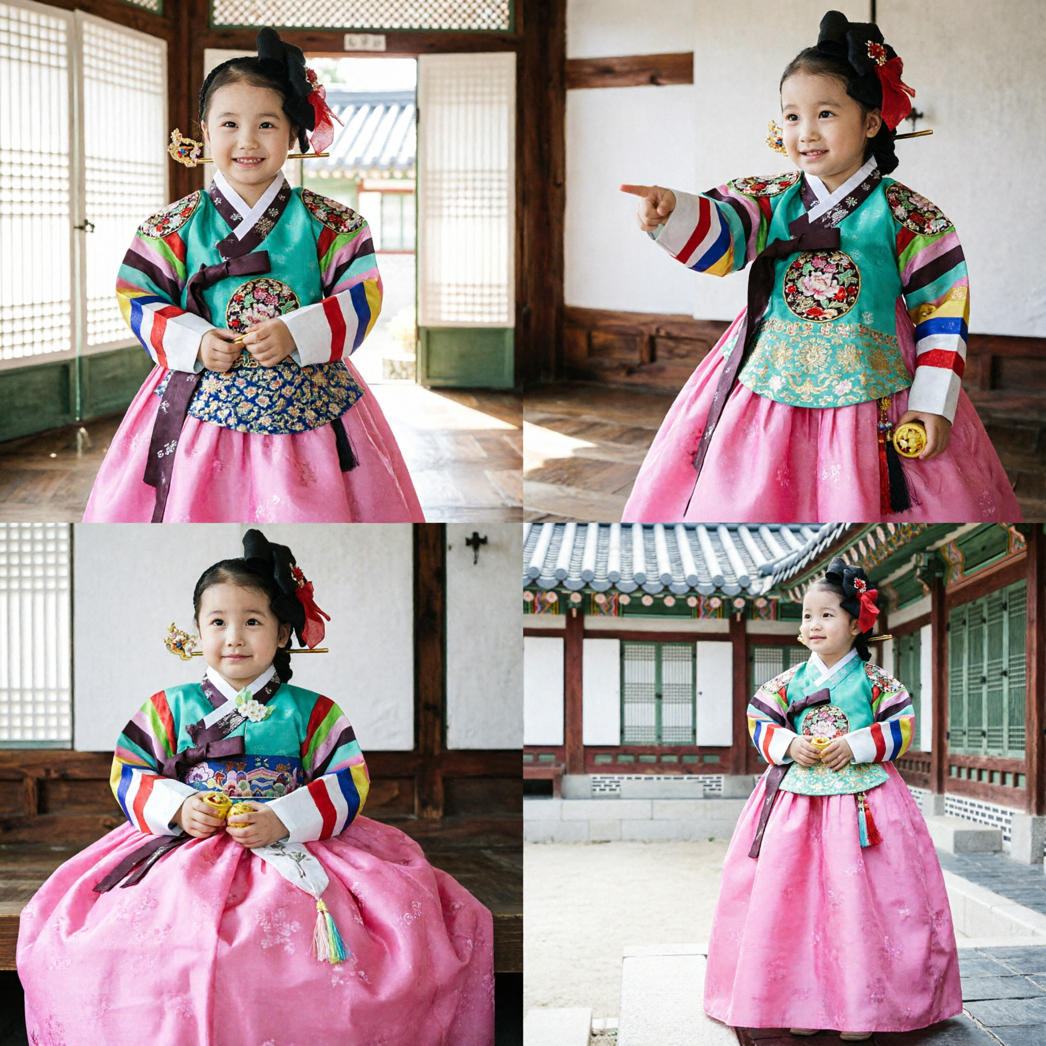 Traditional Korean Hanbok for Girls Rainbow Sleeve Teal Top Pink Skirt Kids Dress for Festivals