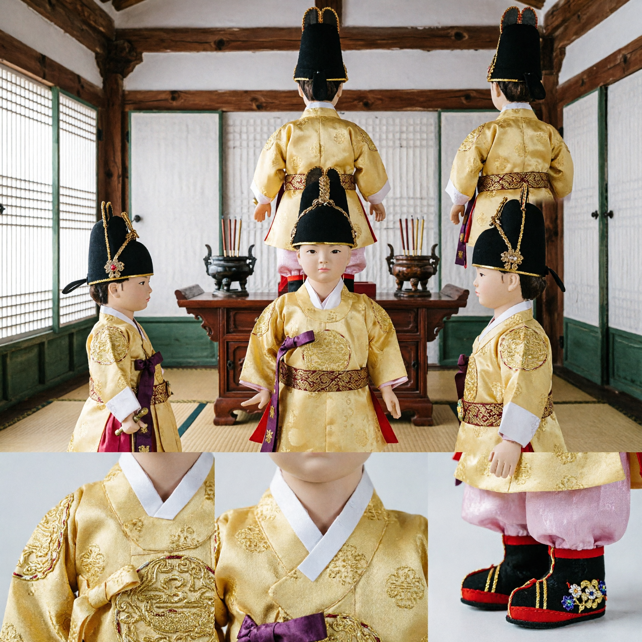 Traditional Korean Royal Court Official Doll in Golden Silk Hanbok and Black Hat for Collectors and Gifts