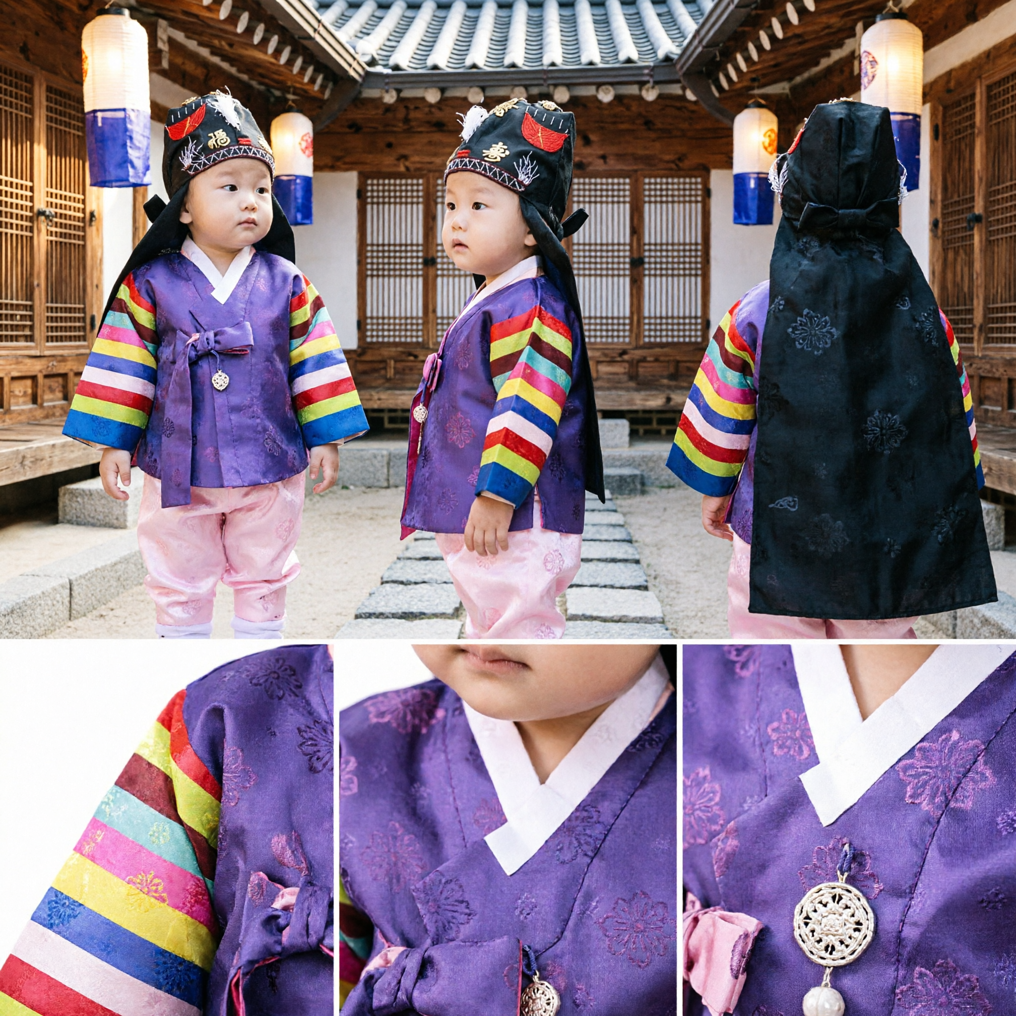 Baby Boy Traditional Korean Hanbok Set Purple Jeogori with Rainbow Stripes and Hat for Doljanchi