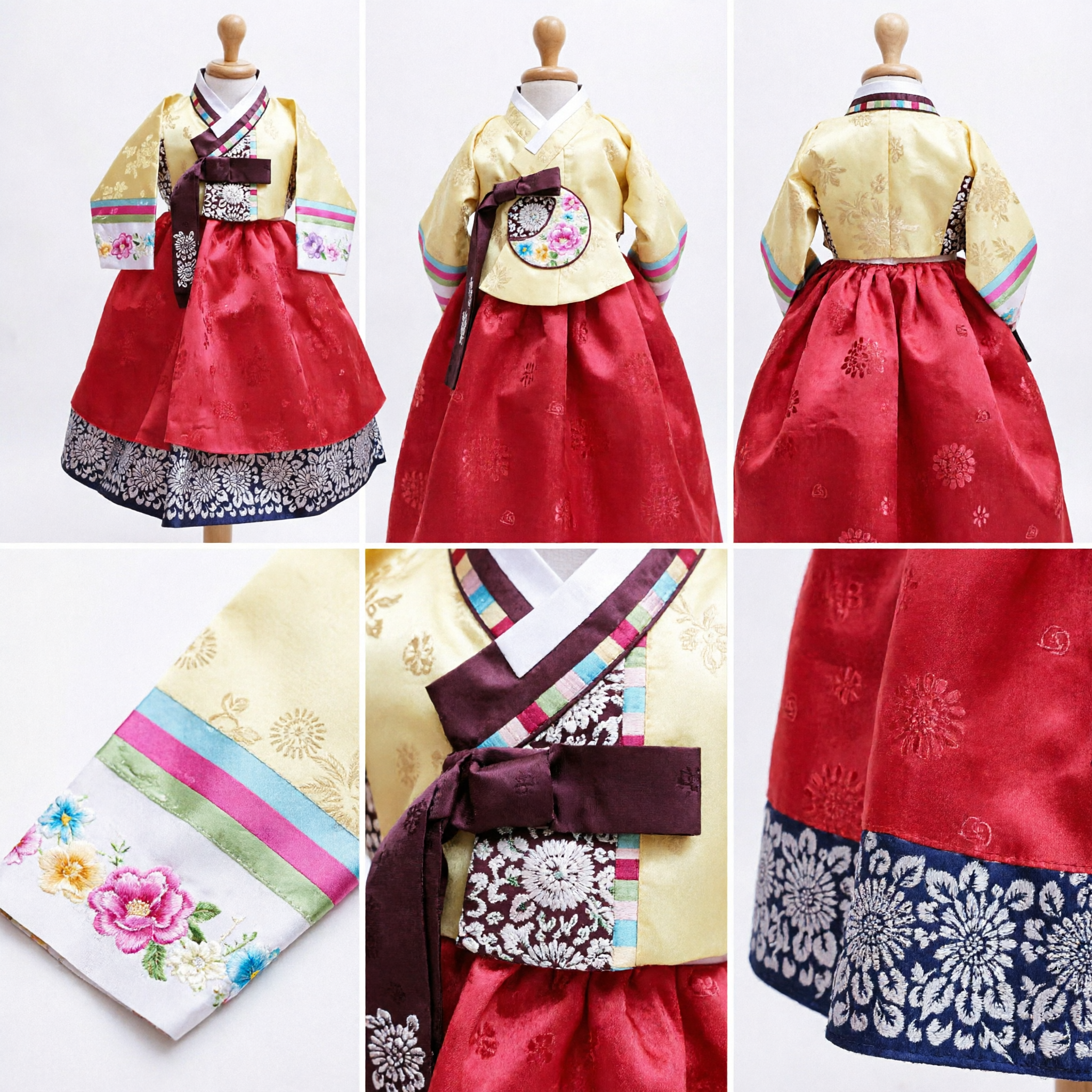 Traditional Korean Hanbok for Girls Yellow Jeogori Red Chima Embroidered Birthday Party Dress
