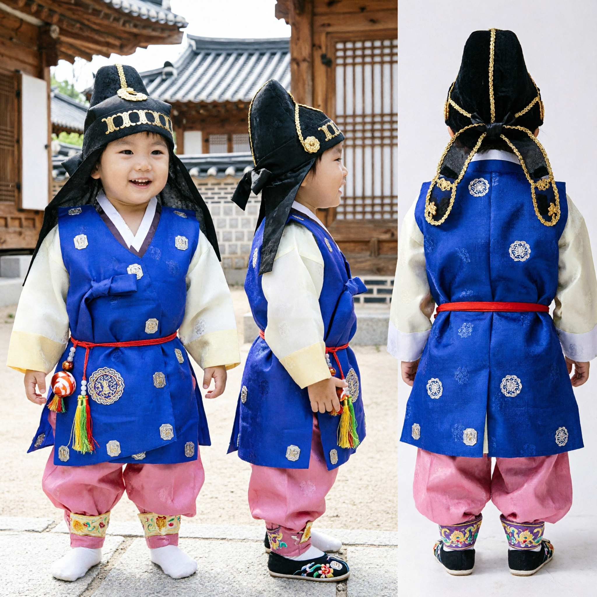 Traditional Korean Hanbok Costume for Baby Boy Blue Vest Pink Pants First Birthday Dol Celebration Outfit